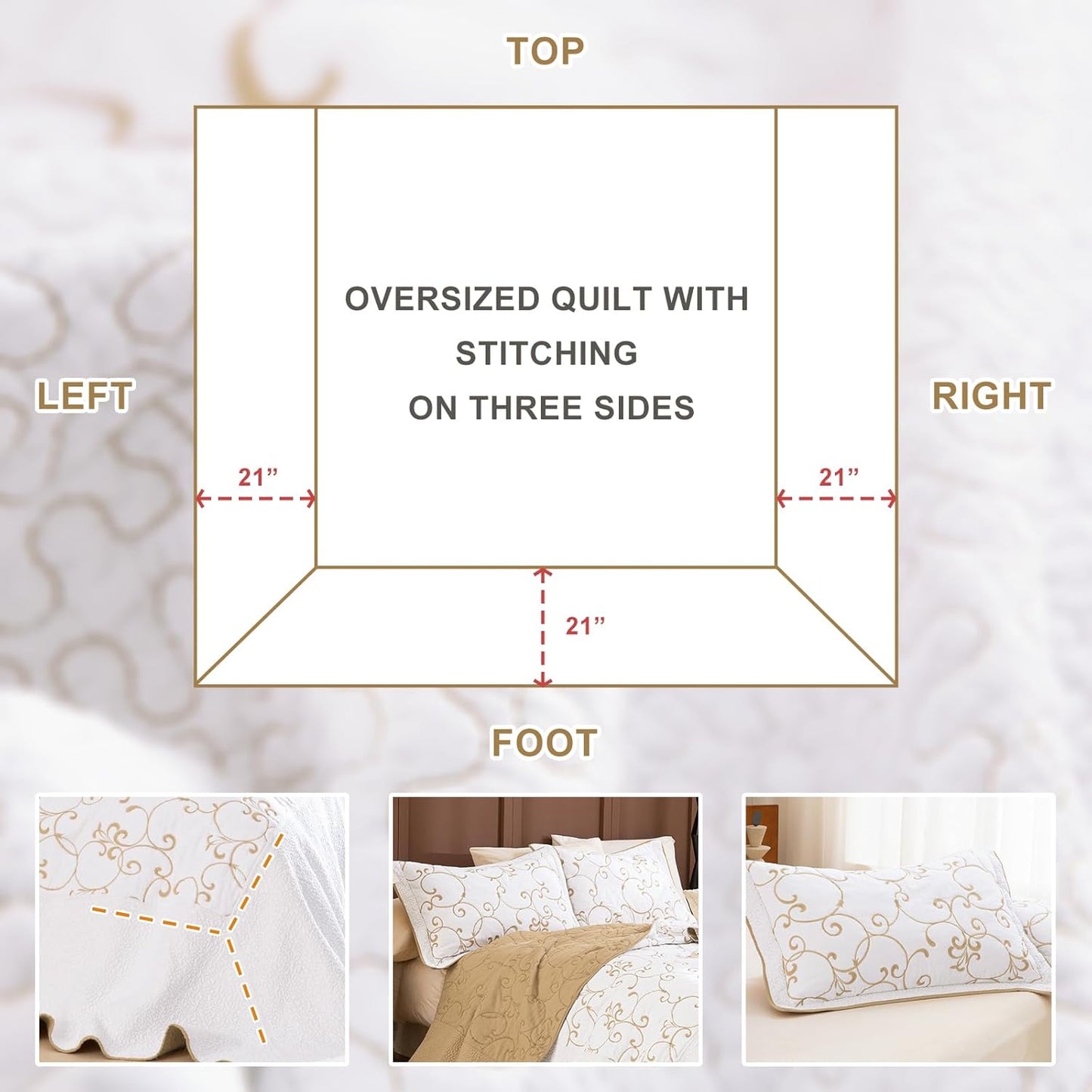 Lady Ann Oversized King 128x120 Quilt Bedspreads,100% Cotton Embroidery Pattern California King Size Quilt Bedding Set Extra Large Lightweight White with Gold Quilted Bedding Coverlet Set 3Pcs