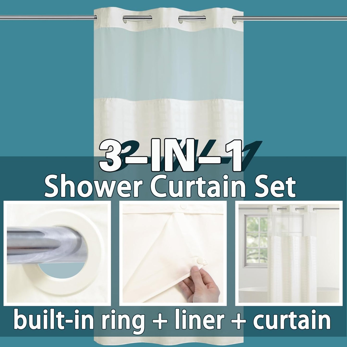 Conbo Mio Stall No Hook Shower Curtain with Snap in Liner Set, Hotel Luxury Beige Shower Curtains for Bathroom with See Through Top Window, Waterproof, Washable 36W x 74H