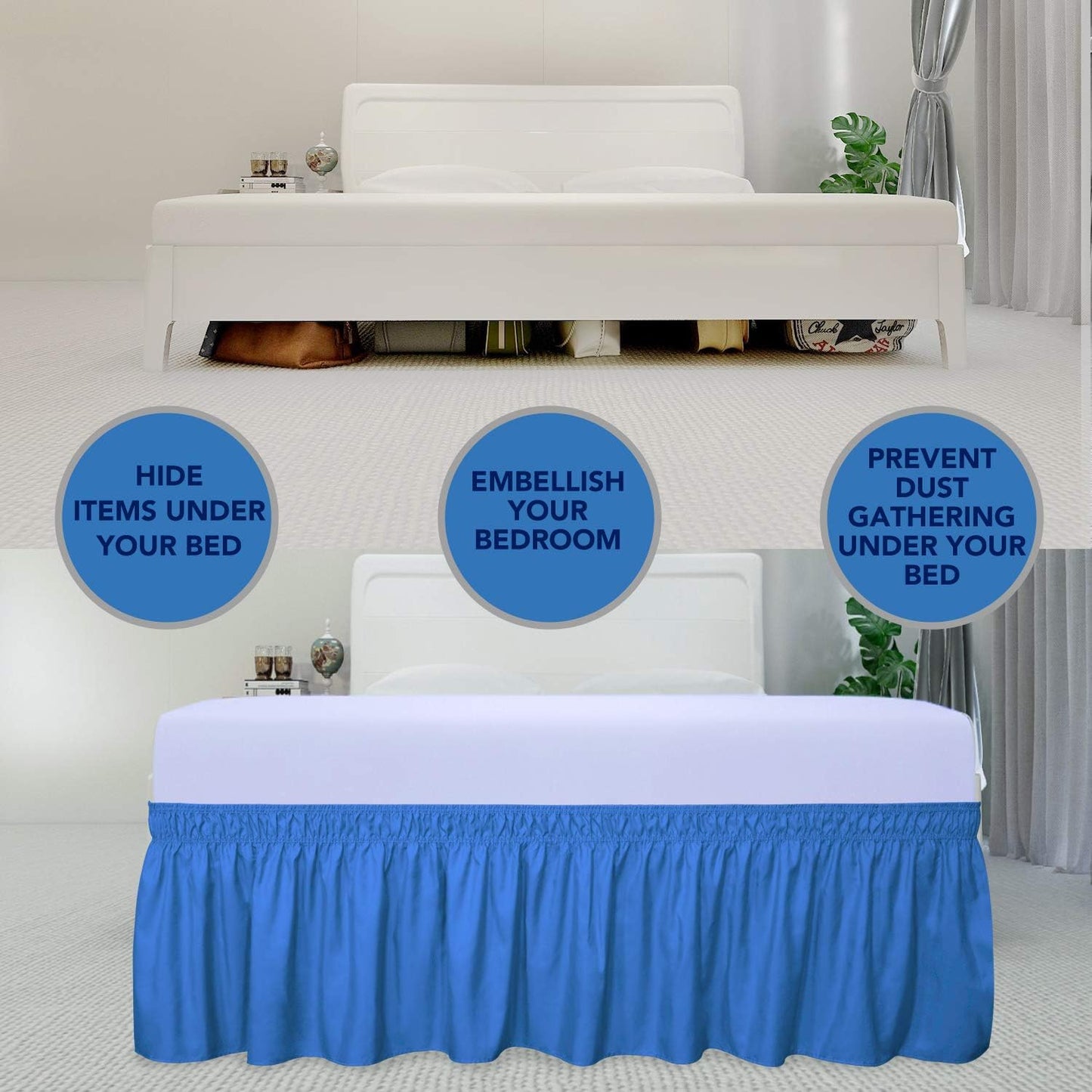 PureFit Wrap Around Ruffled Bed Skirt with Adjustable Elastic Belt - 14 Inch Drop Easy to Put On, Wrinkle Free Bedskirt Dust Ruffles, Bed Frame Cover for Twin,Twin XL and Full Size Beds, Blue