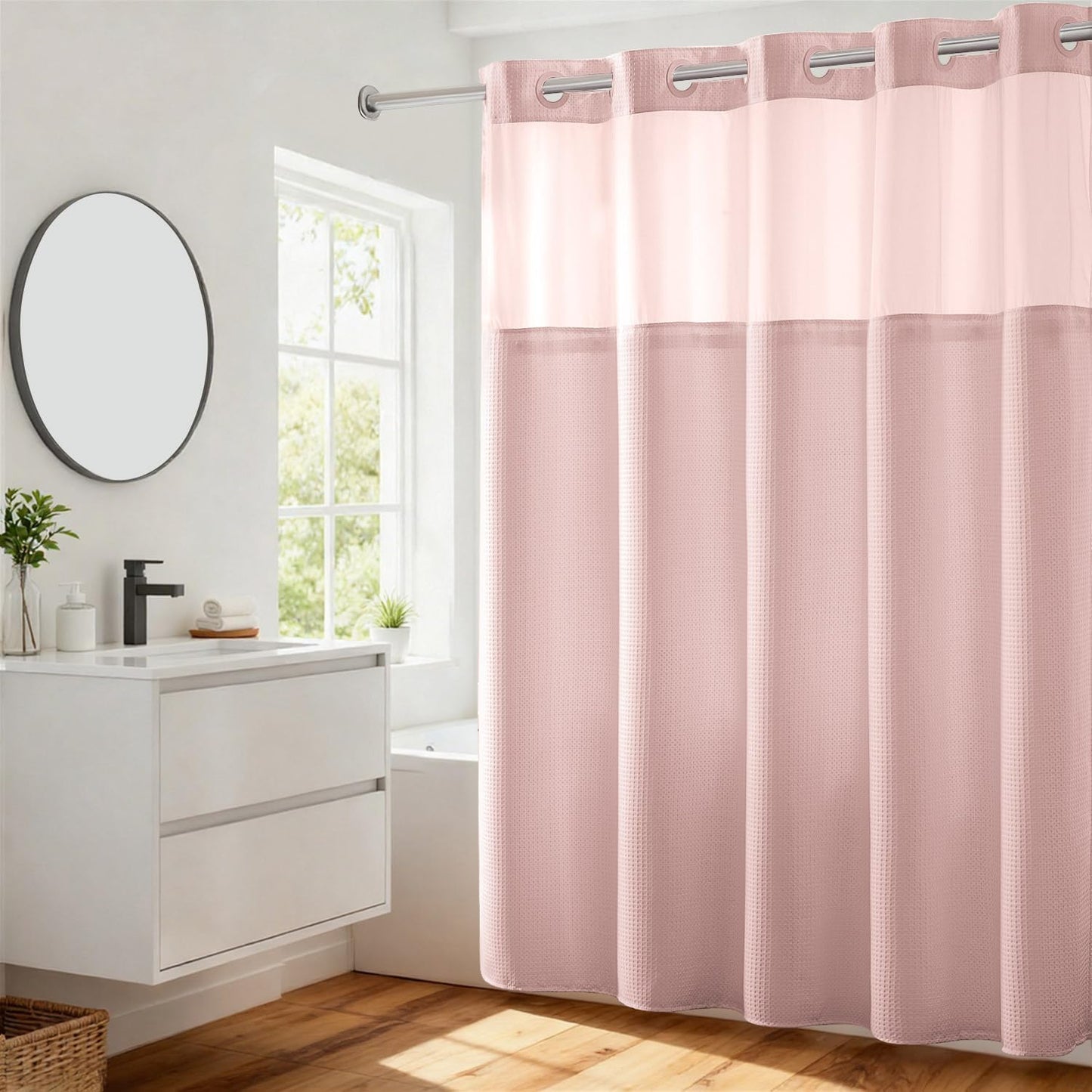 River Dream No Hooks Required Dotted Pink Shower Curtain with Snap in Liner - 71" W x 74" H,Hotel Grade,Spa Like Bath Curtain