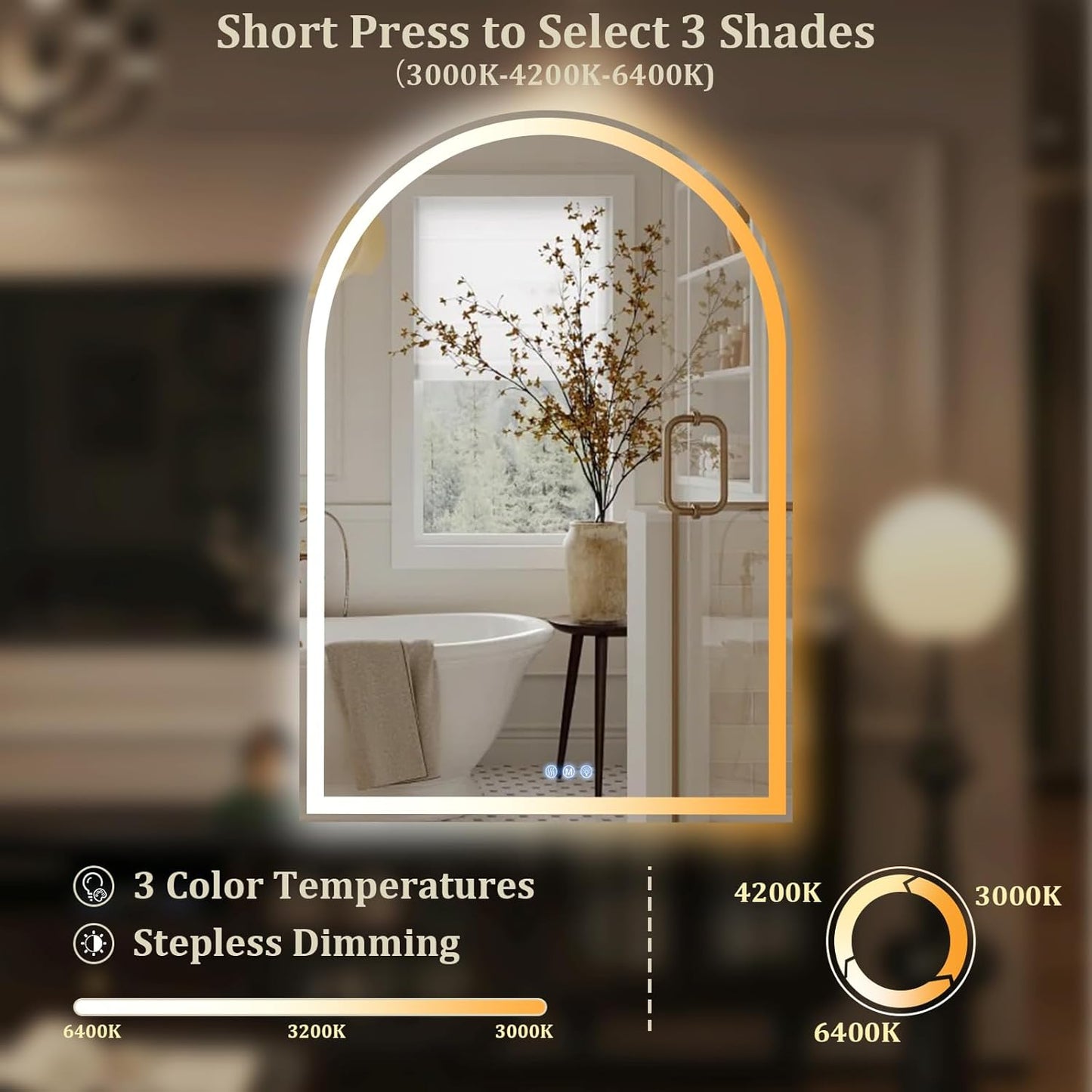 BEAUTYPEAK LED Arch Bathroom Mirrors with Lights, 34x30 Arch Mirror with Metal Frame, Anti-Fog,LED Mirror with Front Light and Backlit, Memory Function for Bathroom, Dressing Room