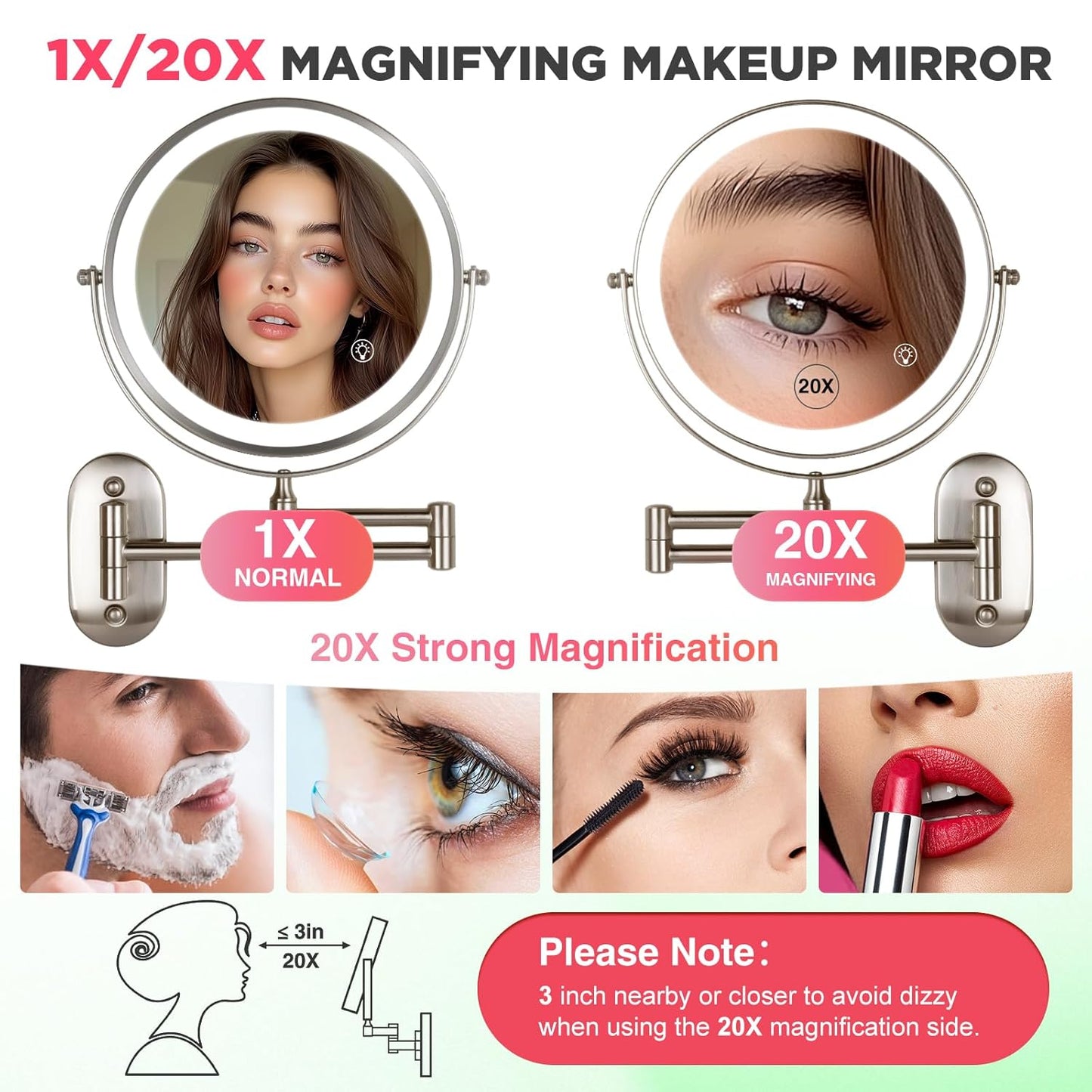 20X Magnifying Mirror with Light: 8.5 Inch Lighted Makeup Mirror, Wall Mount, 360 Rotation, Touch Screen, Rechargeable, Brushed Nickel