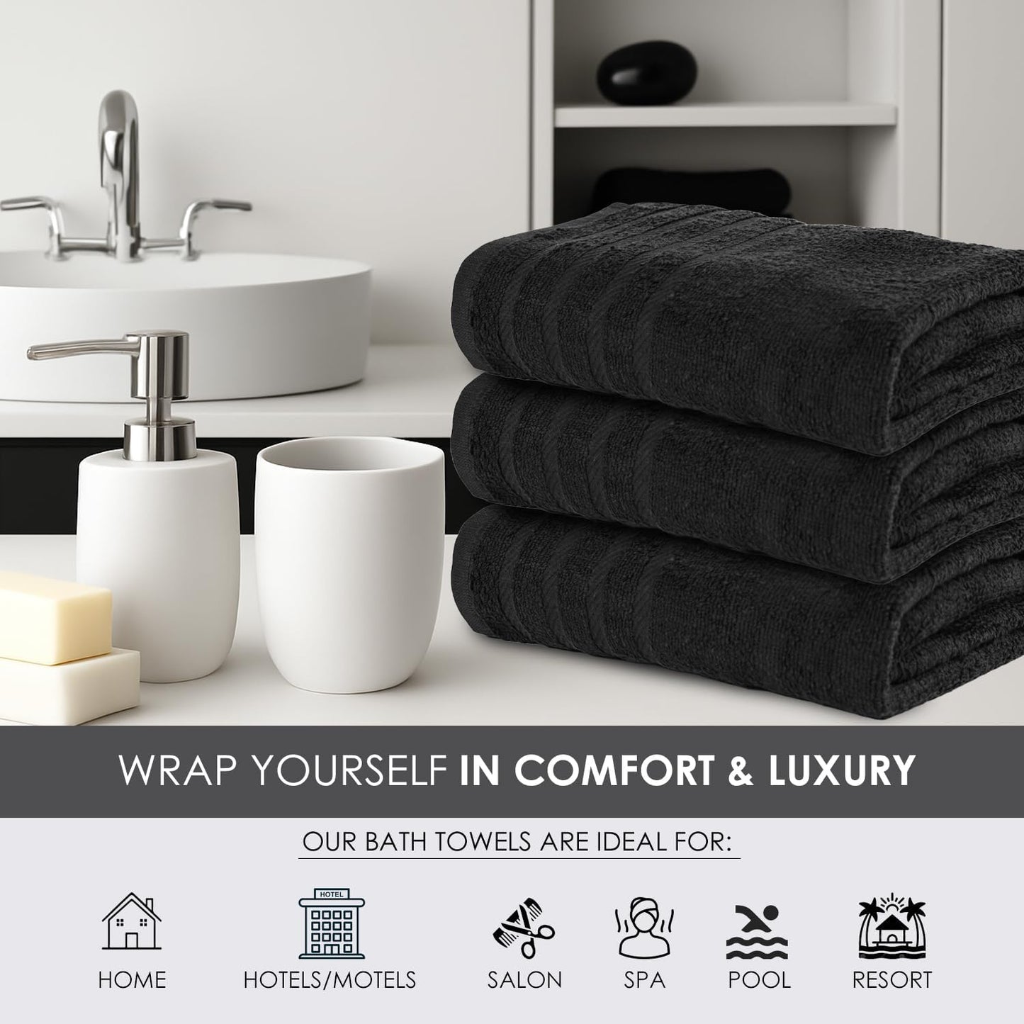 TOALLA_ Bath Towels_30x60_Pk 6_Black Bath Towels (6-Pack, 30W X 60 L Inches) Black Color- Cotton Towel for Gym, Bath, Spa, Shaving, Shampoo, for Daily use, Large