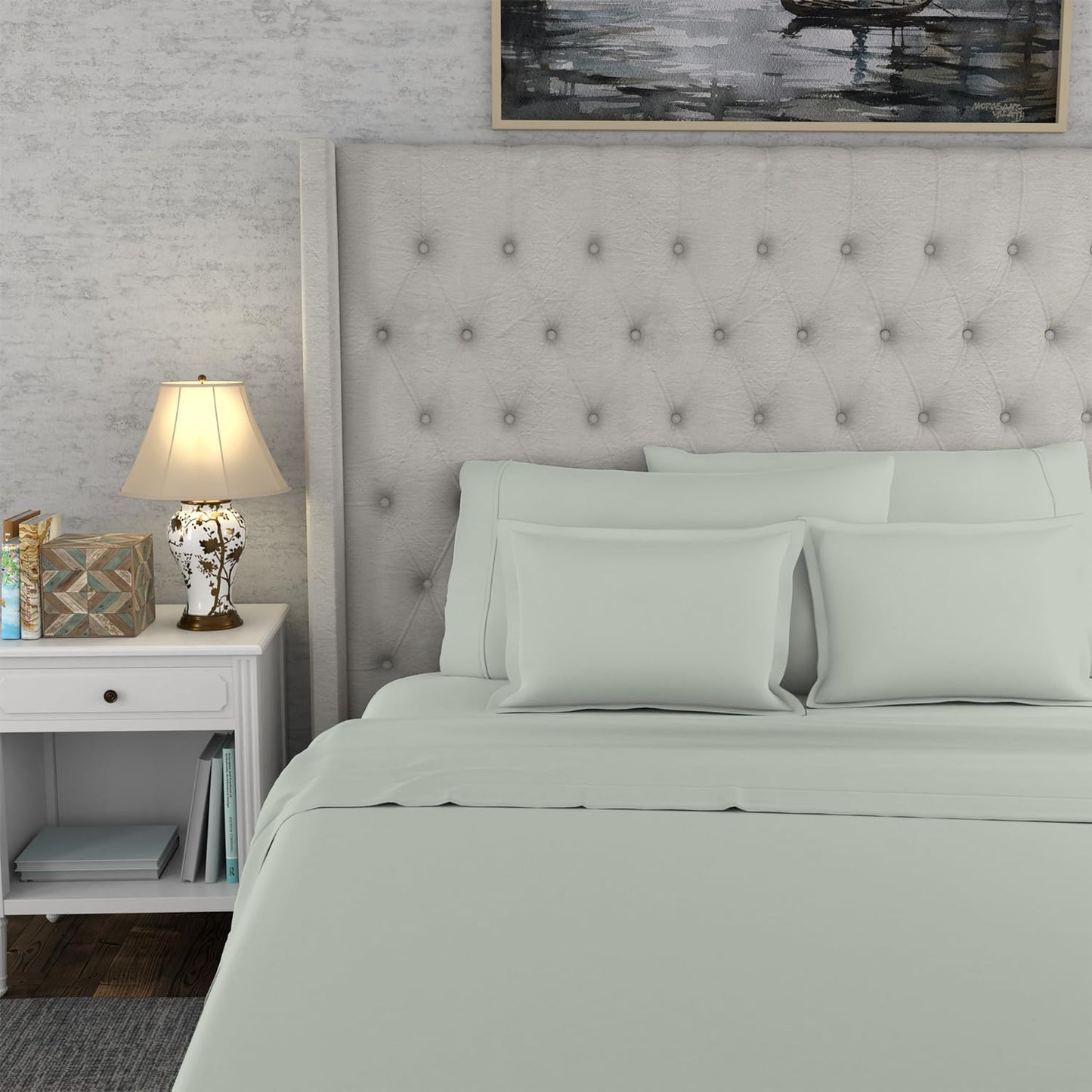 SUPREME ELEGANCE 1200 Thread Count Light Green Bed Sheets Set King Size, Ultra Soft & Silky Cotton Rich Easy Care, Sateen Sheets, Moisture Wicking & Wrinkle Resistant, Sheet Set