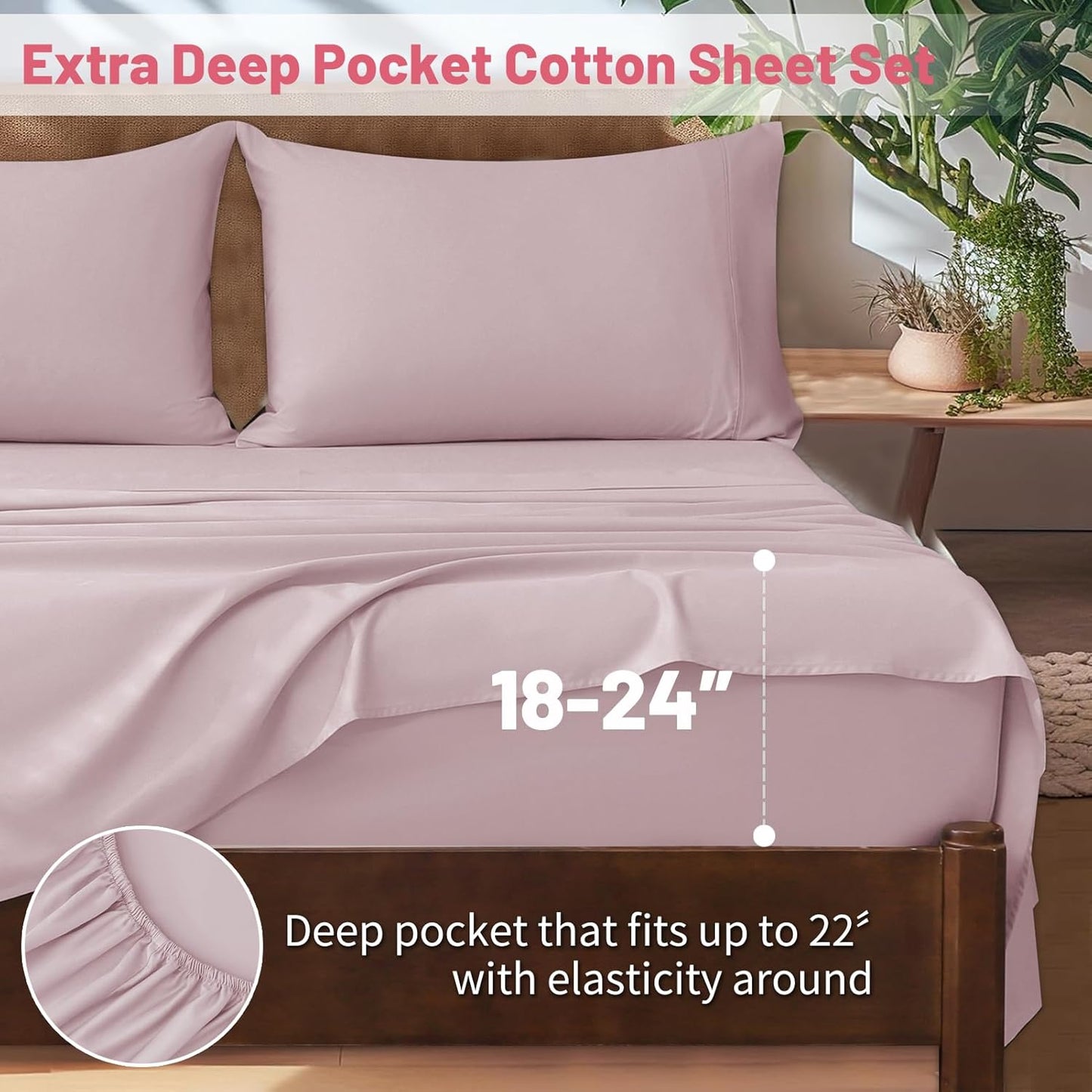 Extra Deep Pocket Queen Sheets 18-24 Inch 1000 Thread Count 100% Egyptian Cotton Sateen Weave Soft Breathable 4 Pieces（Queen,Light Pink）