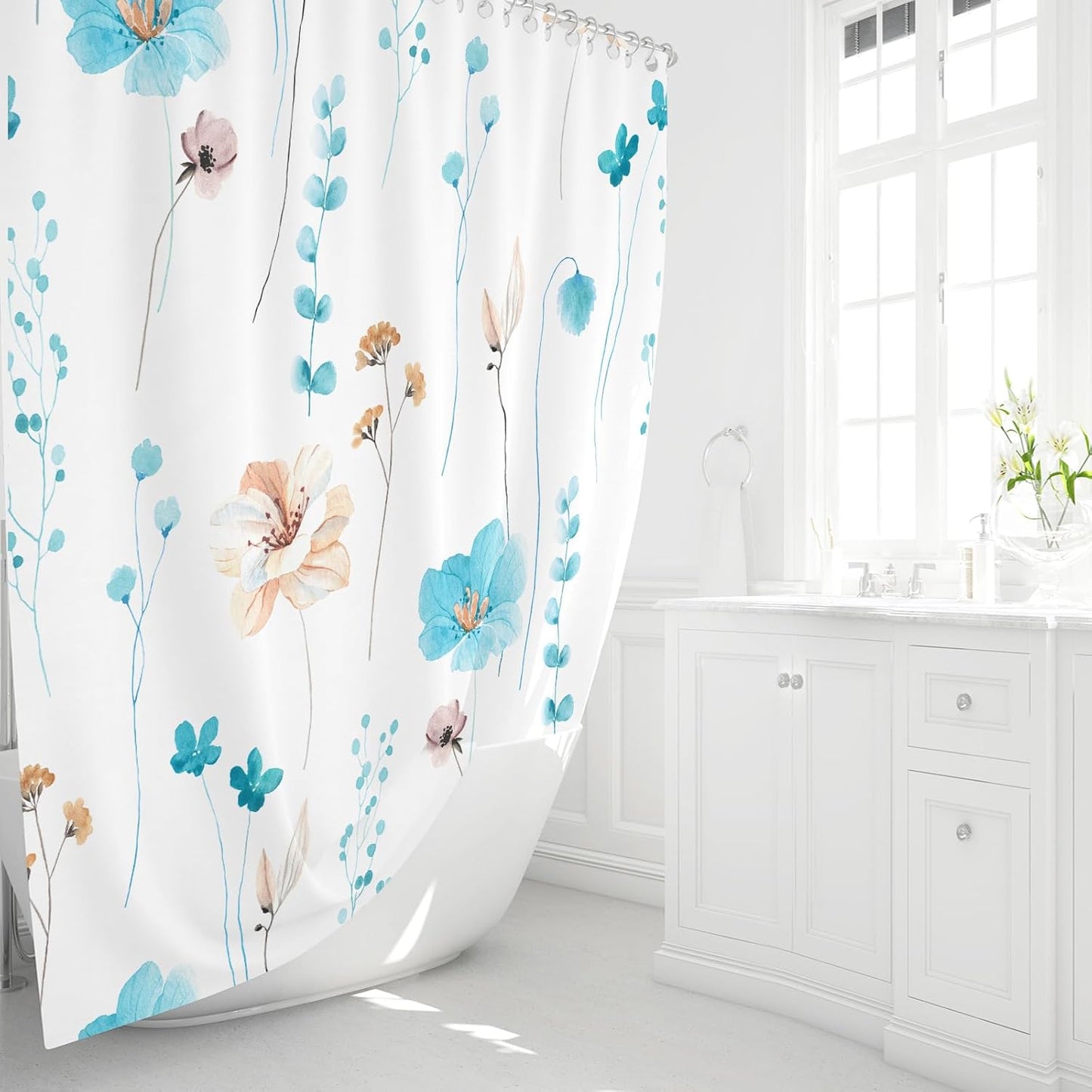 Gibelle Watercolor Floral Shower Curtain, Light Blue Beige Flower Shower Curtain for Bathroom, Modern Minimalist Waterproof Fabric Shower Curtain Set with Hooks 72x72 Inch