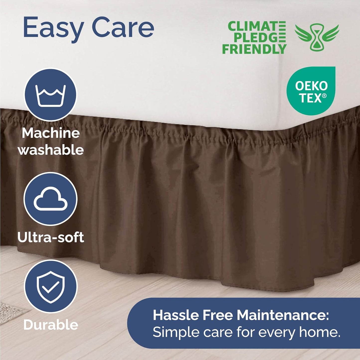Wrap Around Dust Ruffle Bed Skirt - Brown - for King Size Beds with 12 Inch Drop - Easy Fit Elastic Strap - Adjustable Pleated Bedskirt w/Brushed Fabric - Wrinkle Free - for Women, Men, Kids & Teens