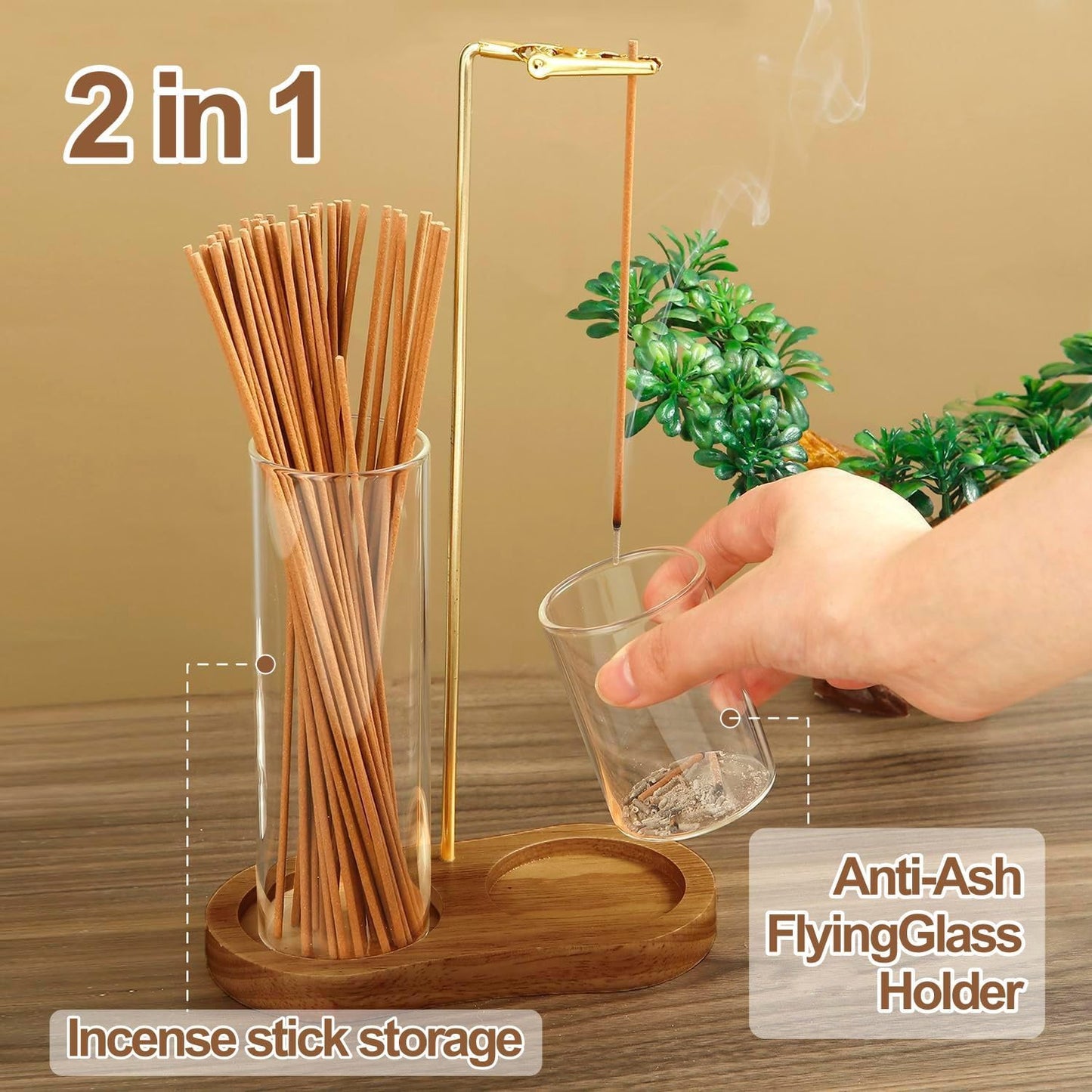 2 in 1 Glass Incense Holder & Burner for Sticks with Ash Catcher, Anti-Ash Flying Design, Storage Organizer and Hang Upside Down for Meditation Yoga Spa Home Decor