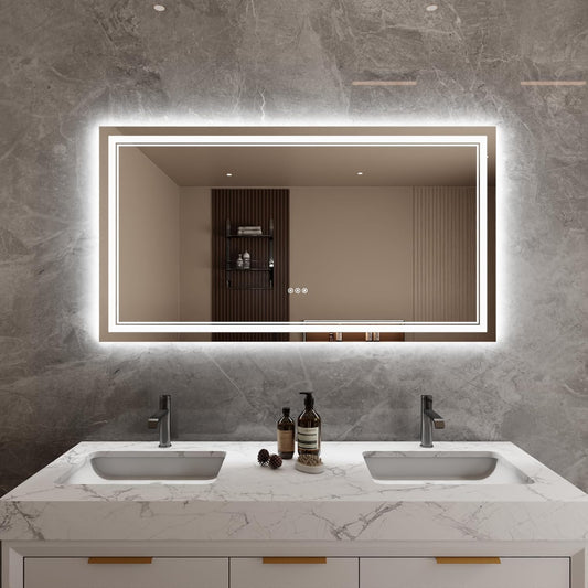 Bathroom Mirror with Lights 30"X55" with Front Light and Backlit, Tempered Glass, Wall Mount Horizontal/Vertical, Stepless Dimmable, 3 Colors, Anti Fog, Bathroom Memory LED Mirror
