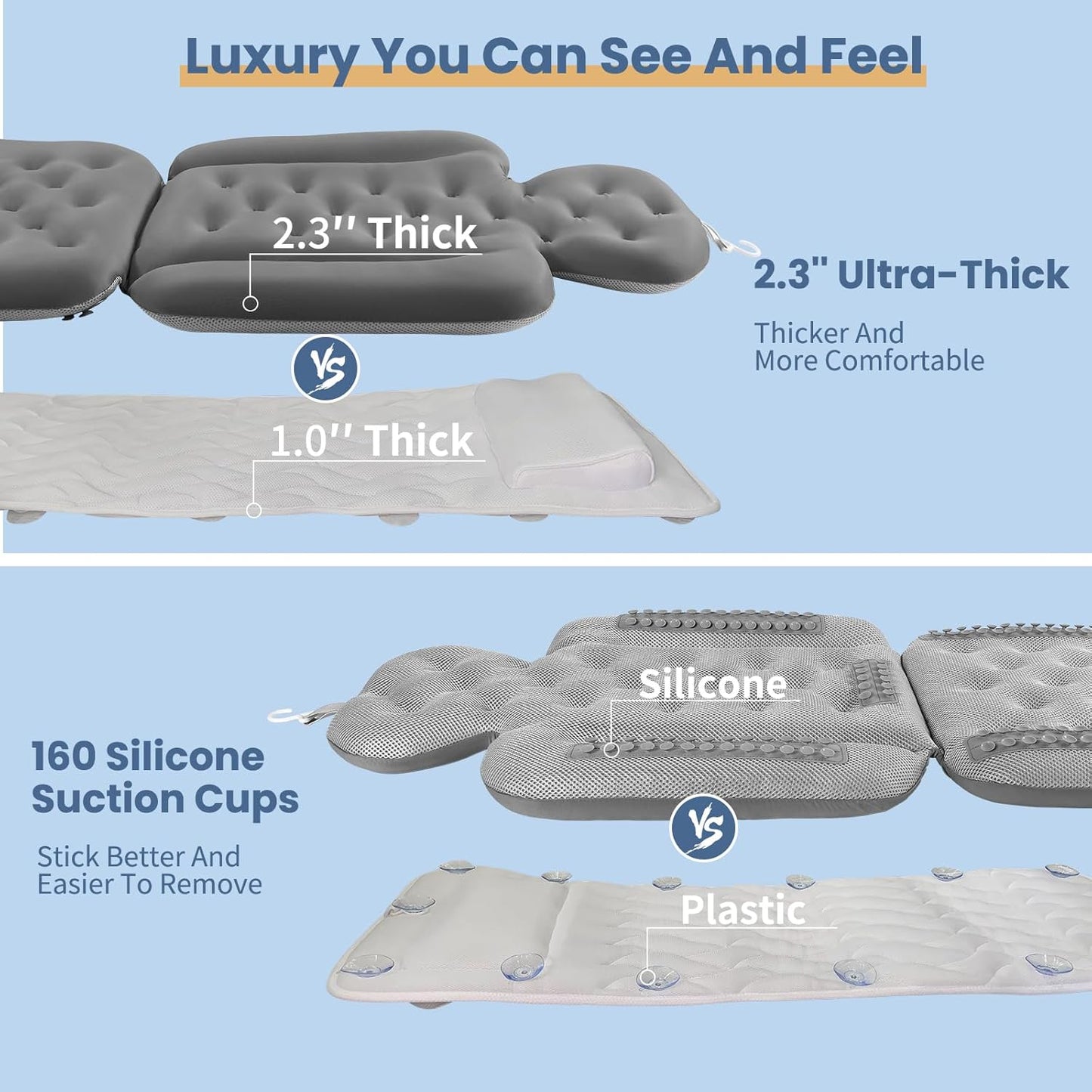 Bath Cushion, Full Body Bathtub Pillow with 160 Suction Cups, Bath Mat for Head and Neck Support, with Laundry Bag (Dark Gray, 51.2" x 16.2")
