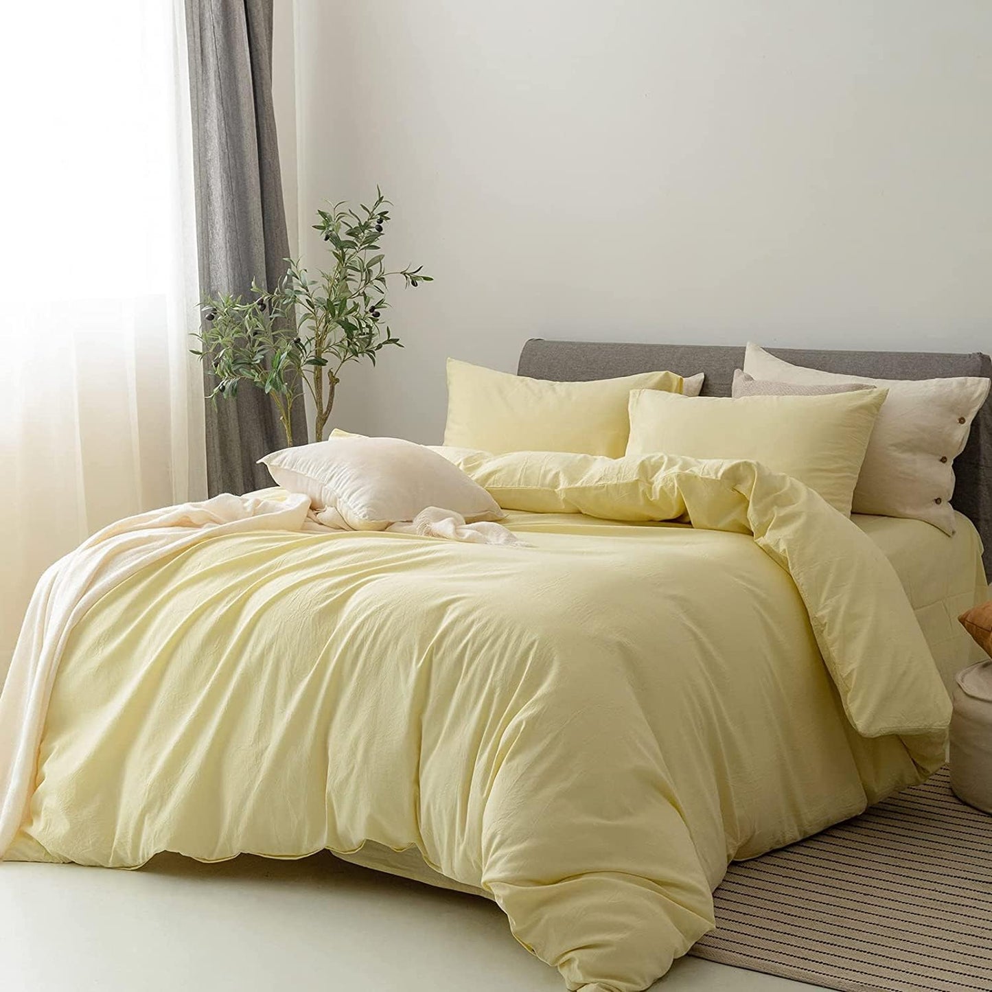 FOSSA Duvet Cover Set 100% Washed Cotton Linen Feel Super Soft Breathable Cozy 3 Pieces Bedding Sets Solid Pastel Yellow Twin
