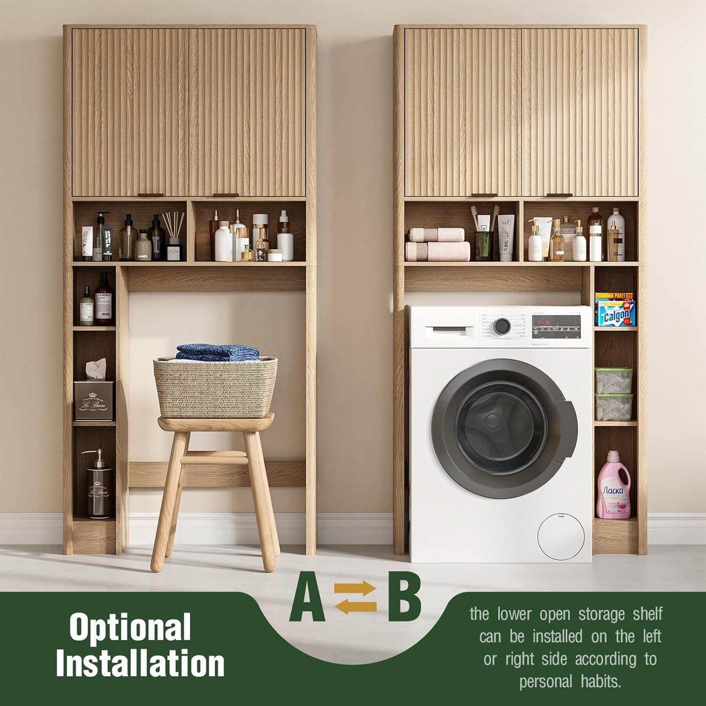 31" W Over The Toilet Storage Cabinet with Fluted Door, Oak Bathroom Organizer with Adjustable Shelf, Natural Toilet Paper Holder Stand Wave Door for Restroom, Laundry Room