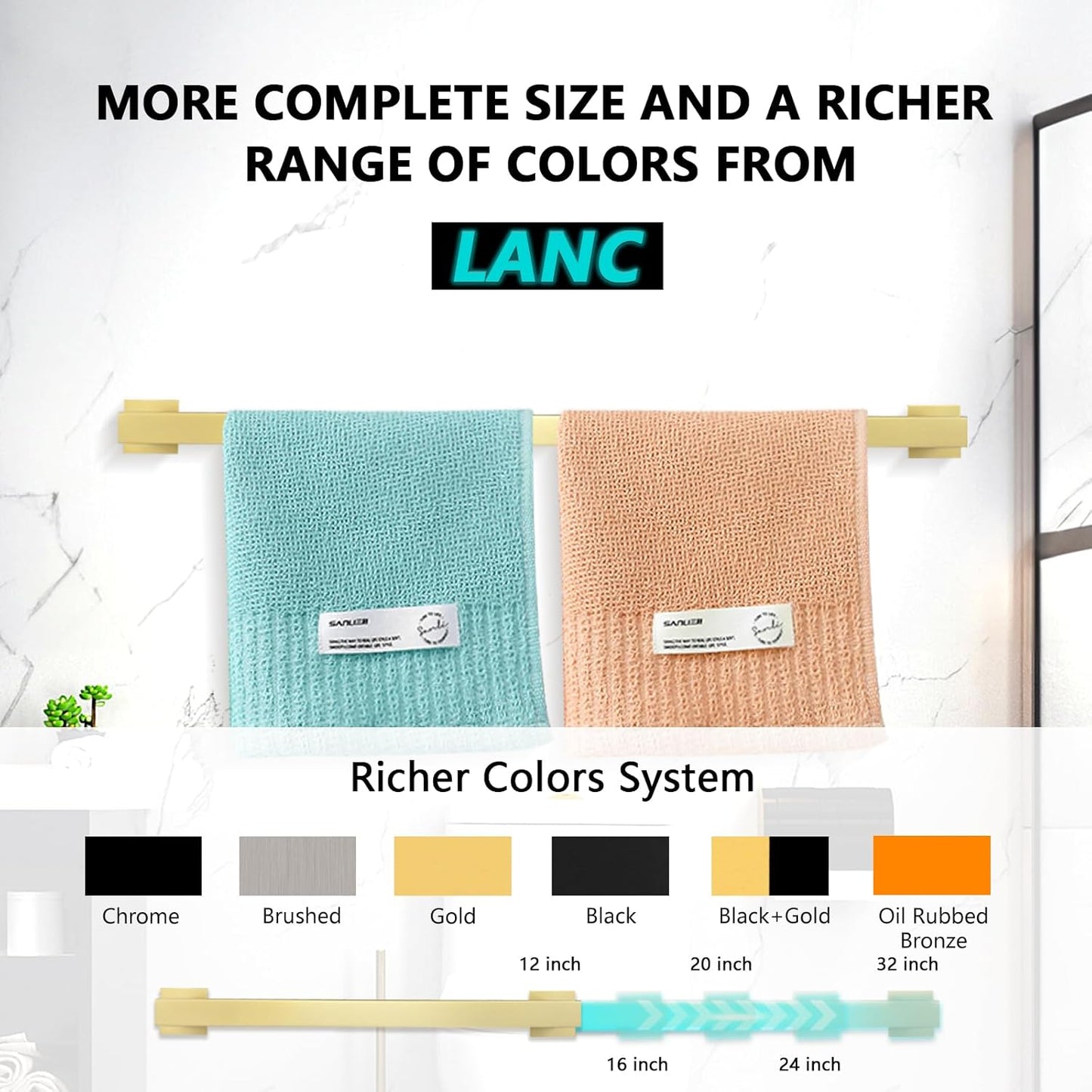 LANC 32-Inche Long Towel Bars for Bathroom Wall Mounted Brushed Gold Bath Towel Racks Stainless Steel 80CM Towel Rails for Kitchen Square Gold Towel Holder Total-33.5” Towel Hanger, A8804BG-8P1