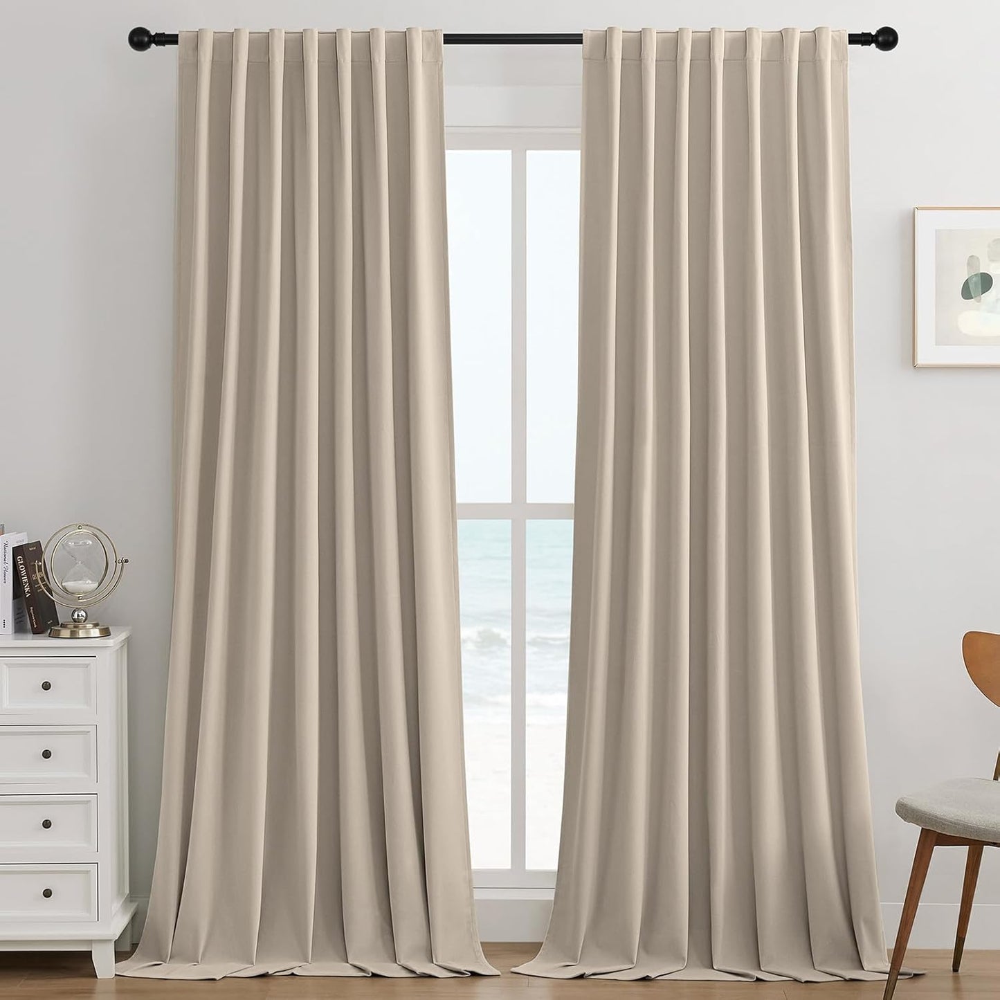 Joydeco Light Beige 100% Blackout Curtains 108 Inch 2 Panels, Luxury Thermal Light Beige Velvet Curtains for Bedroom Living Room, Soundproof Blackout Window Drapes, Rod Pocket & Back Tab (52W x 108L)