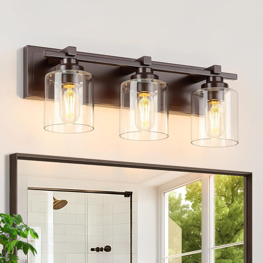 3 Light Modern Bathroom Light Fixtures Over Mirror, Bronze Finish Vanity Lights for Bathroom Wall Sconces with Clear Glass Shades, E26 Socket (Bulbs Not Included)