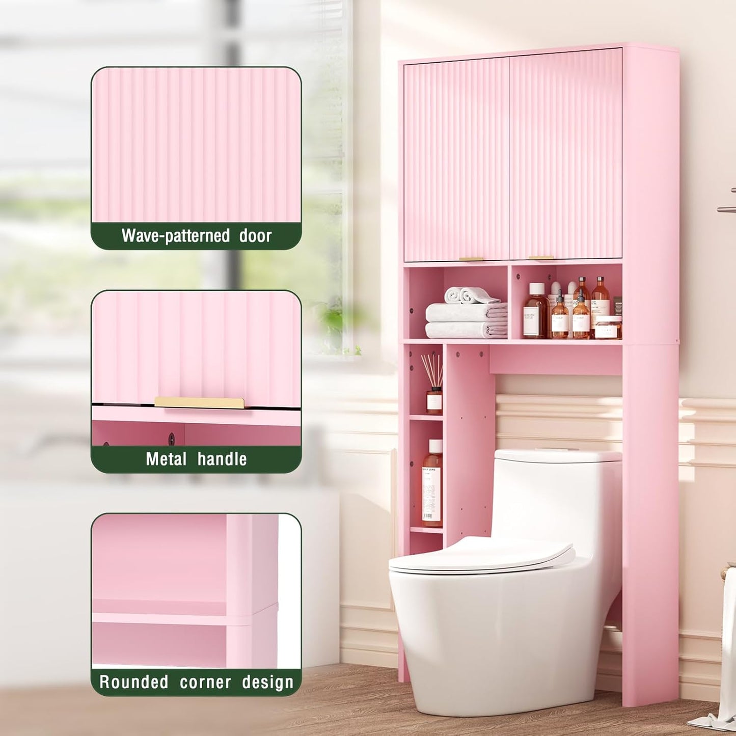 31" W Over The Toilet Storage Cabinet with Fluted Door, Pink Bathroom Organizer with Adjustable Shelf, Toilet Paper Holder Stand Wave Door for Restroom, Laundry Room
