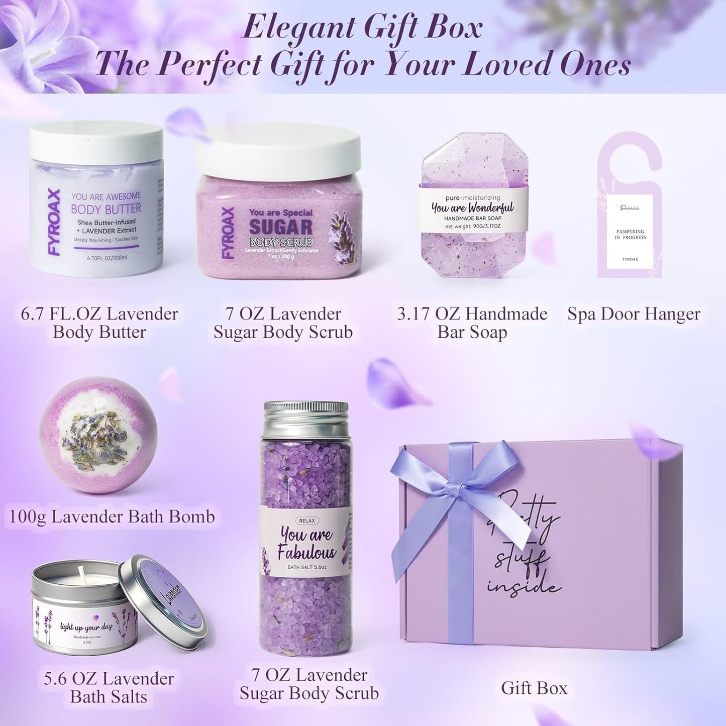 Spa Gifts for Women 7 Pcs Home Spa Kit Lavender Bath Set,Spa Gift Baskets Self Care Gifts Spa Gifts for Women Birthday,Mothers Day Basket Easter Christmas Bath Set
