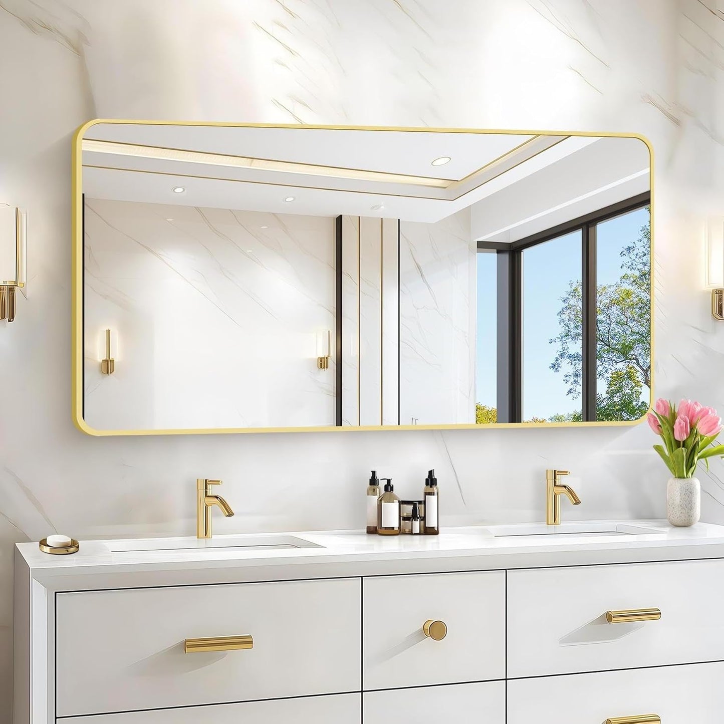 55"x30" Gold Bathroom Mirror, Large Rectangle Mirror, Rectangular Wall Mirror, Rounded Corner Vanity Mirror with Aluminum Metal Frame for Bathroom Bedroom Living Room Horizontal/Vertical