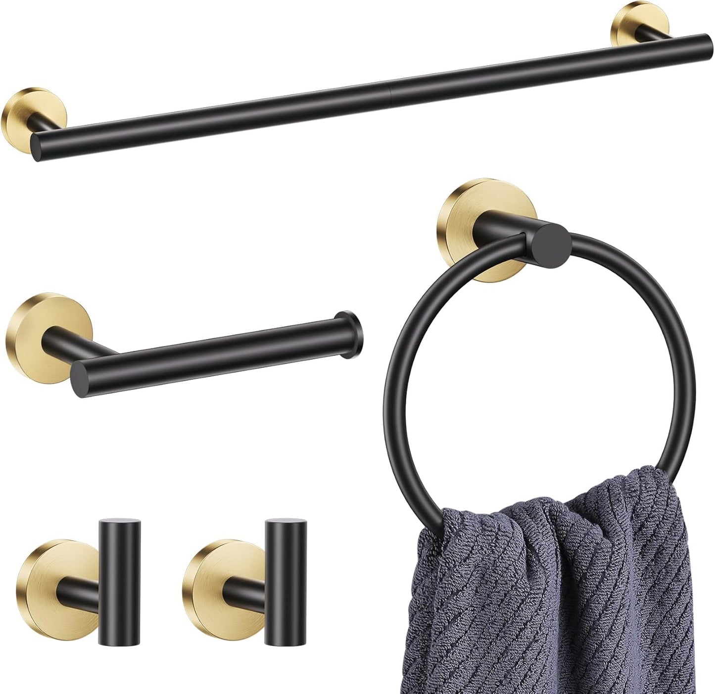 Lairuier 5 Pieces Black Gold Bathroom Accessories Set, 23.6 Inch Bath Towel Bar Set, SUS304 Stainless Steel Bathroom Hardware Set Round Toilet Paper Holder Set Wall Mounted