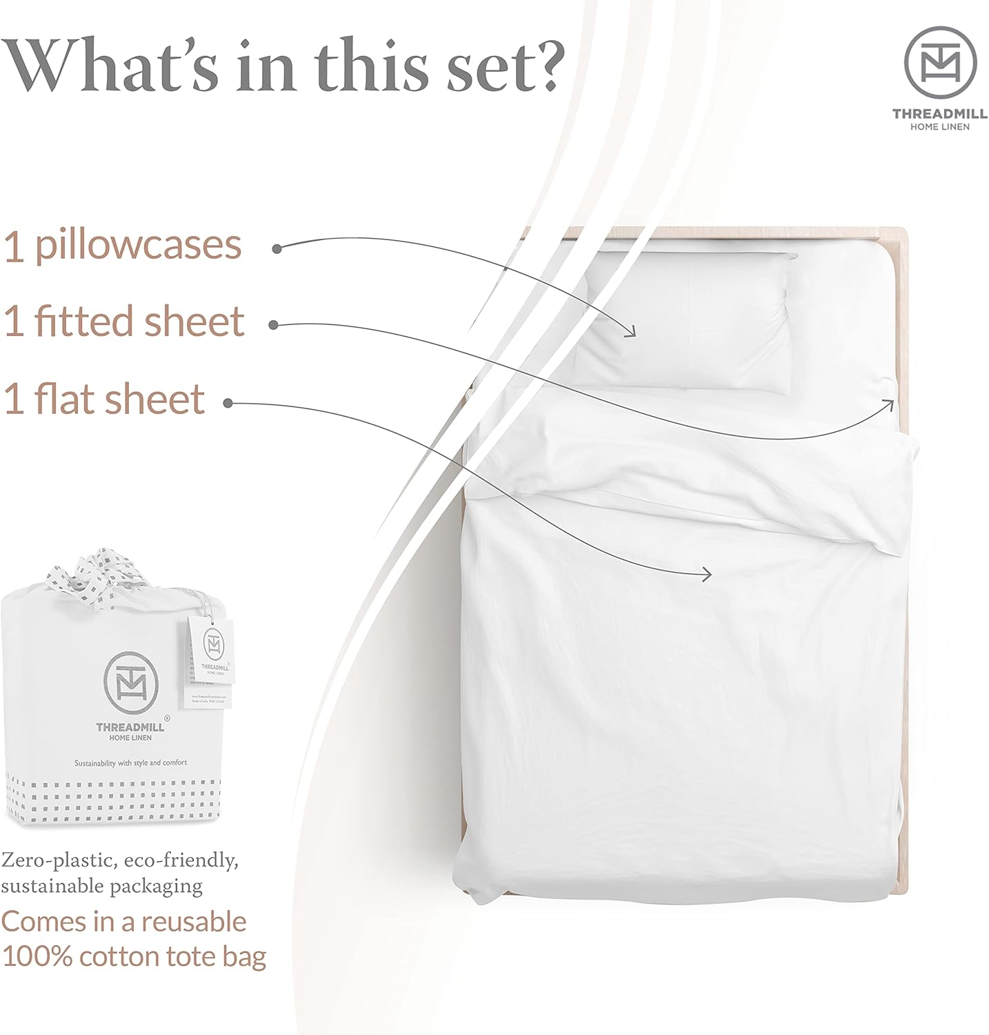 Threadmill - Twin Sheets Sets Soft 100% Cotton Cooling Sheets Deep Pocket Snug Fit Elastic, 500 Thread Count, 3-Pc, Hotel Quality Bed Sheets, Beats Egyptian Cotton Claim (Pure White)