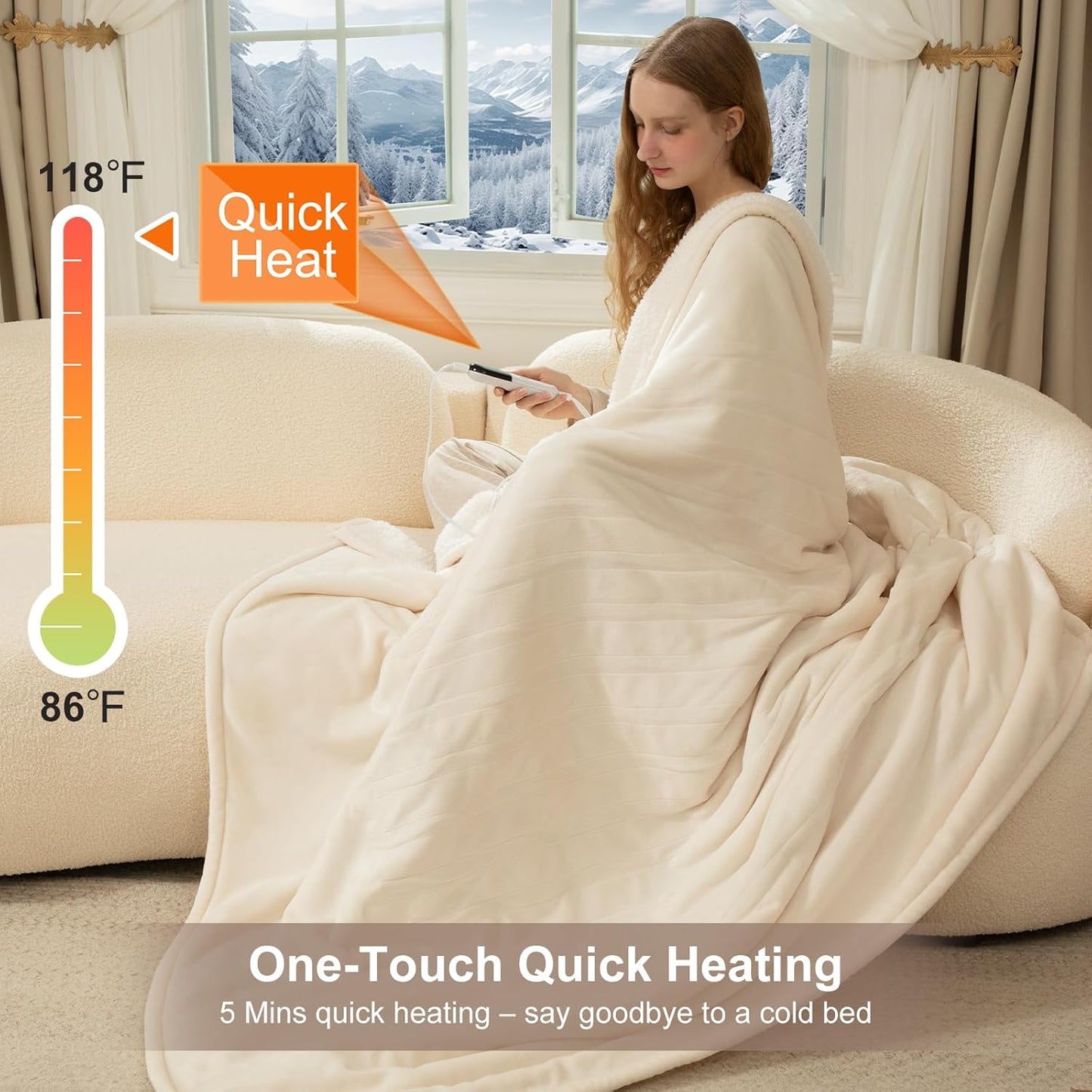 Electric Blanket Full Size 72" X 84" - Flannel Sherpa Heated Blanket with Fast Heating, 6 Heat Settings, 1-10 Hrs Timer Settings, ETL Certified Heating Blanket, Washable, White