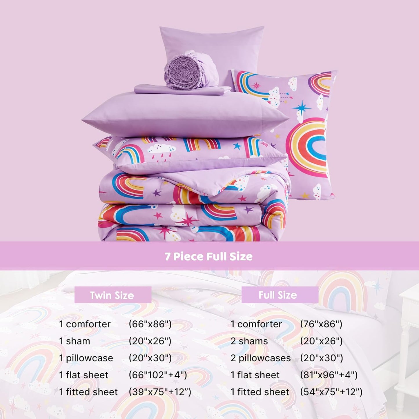 Full Size Comforter Set for Girls-7 Pieces Purple Rainbow Glow in The Dark Full Bedding Sets for Kids, Ultra Soft Bed in A Bag with Sheets