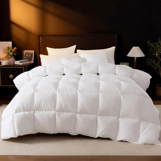 DROVAN Goose Feather Down Fiber Comforter Queen Size - 100% Cotton Duvet Insert with 8 Corner Loops - Luxurious All-Season Hotel Collection, 90x90 Inch