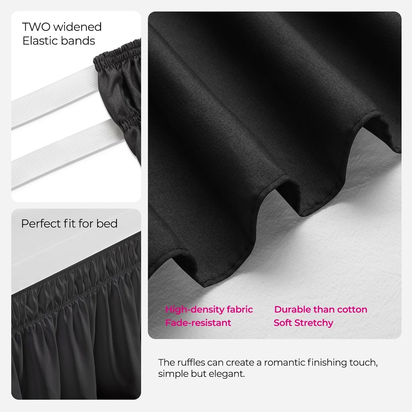 RIMELA Dorm Bed Skirt Twin XL 25 Inch Drop, Extra Long Wrap Around Elastic Bed Skirts Easy to Put On Twin Size Dust Ruffle, Black Bedskirt for Adjustable Bed Base Solid Silky Fabric Machine Washable