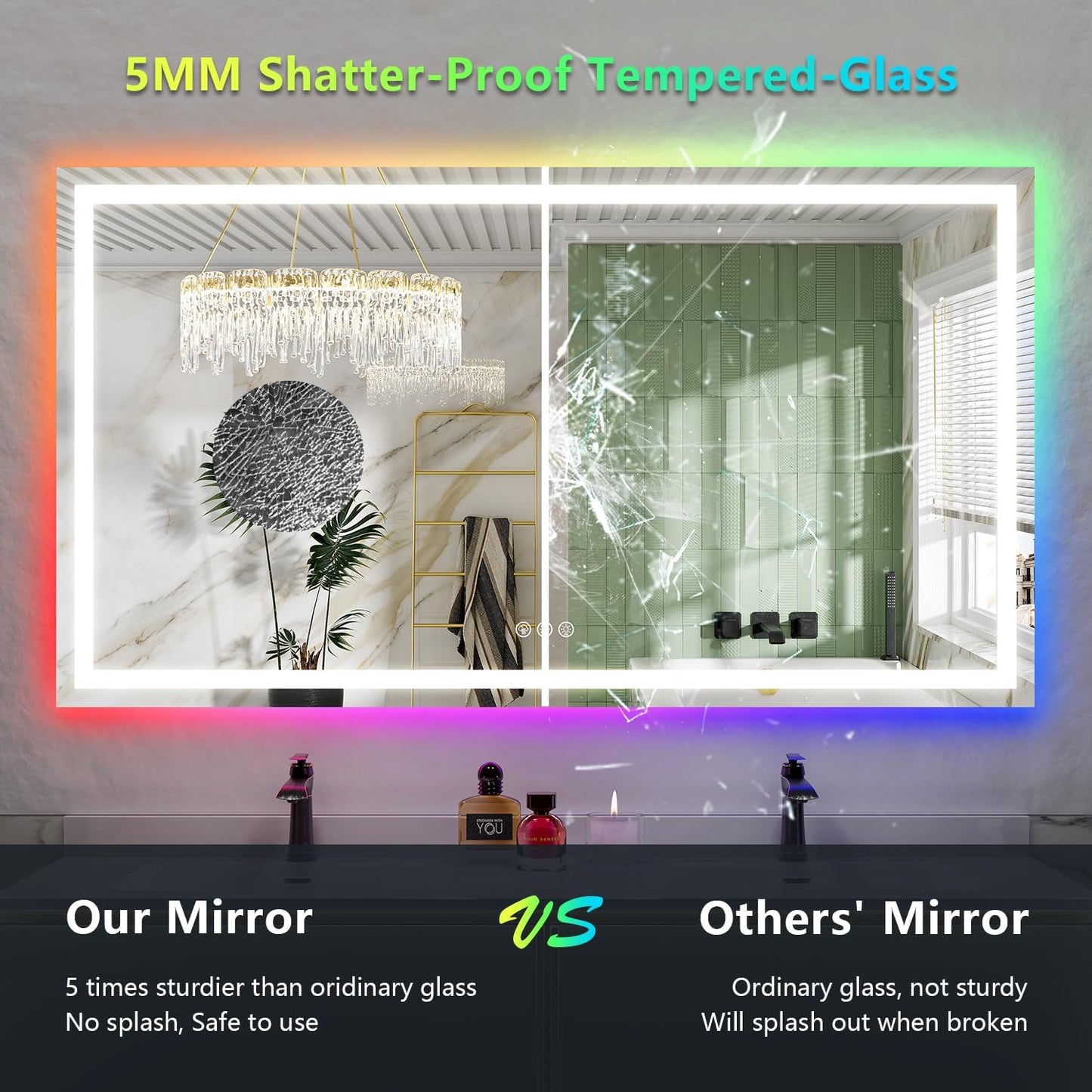 66x40 Inch RGB LED Bathroom Mirror Front Light and RGB Backlit Lighted Vanity Mirror for Bathroom Wall Mounted Dimmable Anti Fog Memory Shatter-Proof IP54 Waterproof Horizontal/Vertical