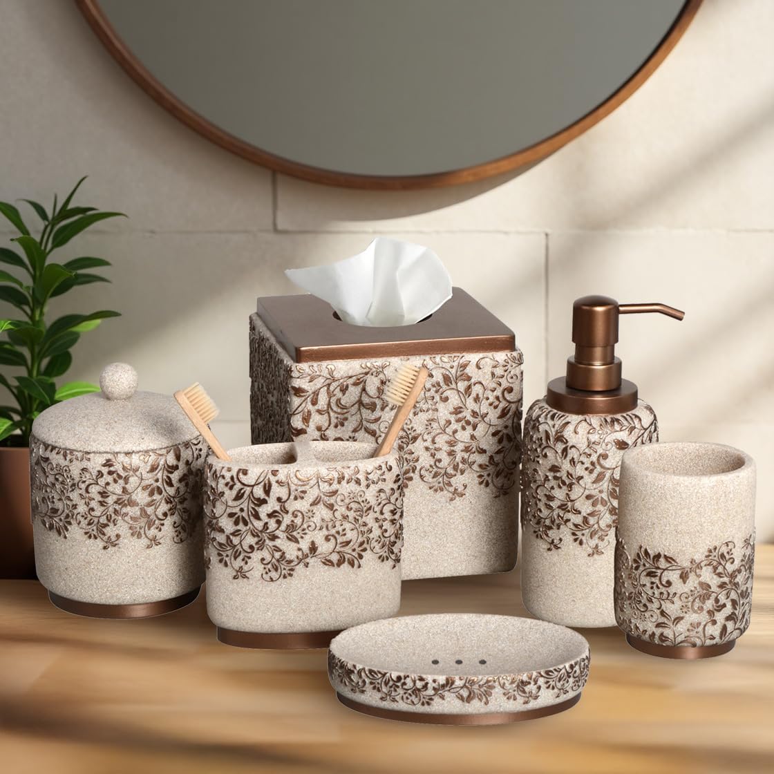 Decozen Bathroom Accessories Set 6Pcs – Soap Dispenser, Toothbrush Holder, Tumbler, Soap Dish & Cotton Swab Jar – Modern Bathroom Decor, Bath Set for Christmas Decor