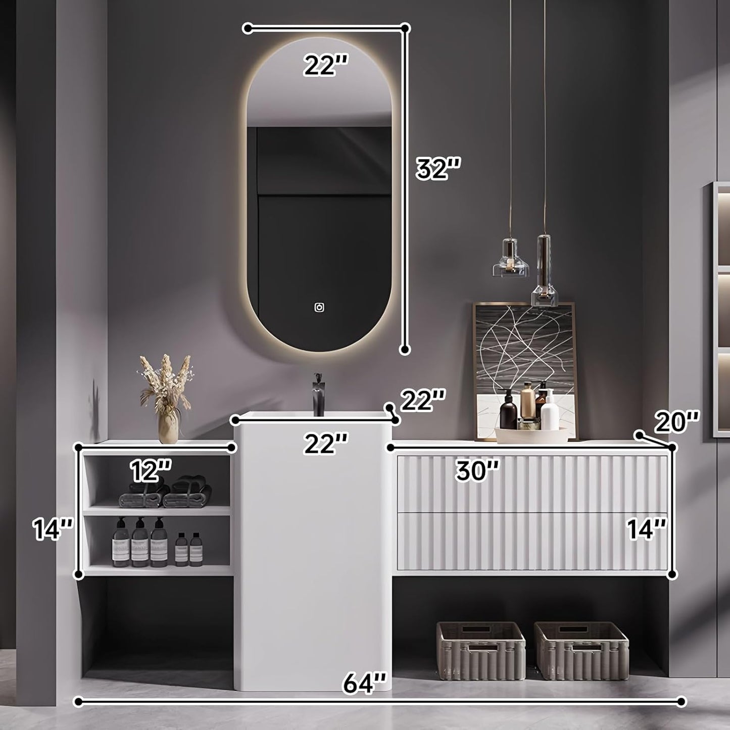 64Inch Freestanding Sink Bathroom Vanity, Wall-Mount Bathroom Cabinet with Open Storage and Striped Drawers, Solid Wood Bathroom Vanity with Smart Defog Mirror and Spacious Rock Plate Countertop