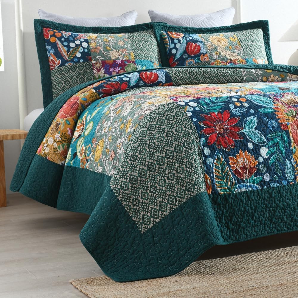 ENASAL Cotton Bedspread Quilt Sets Reversible Bedding Coverlet Sets Comforters, Patchwork Vintage Floral Turquoise Bedspread, King Size