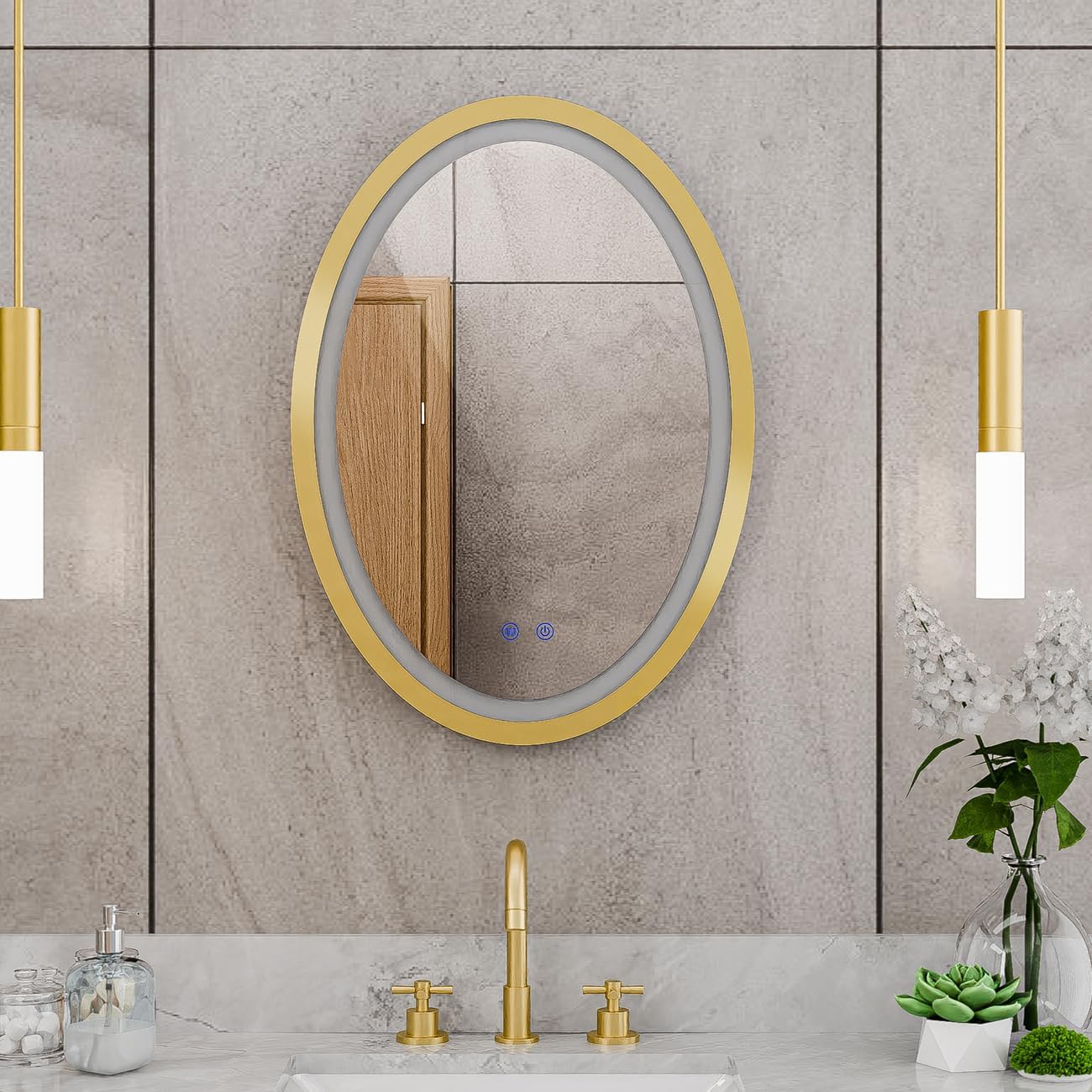DreamLine Brilliance 28 in. H x 20 in. W Oval Light-up Mirror, Brushed Brass