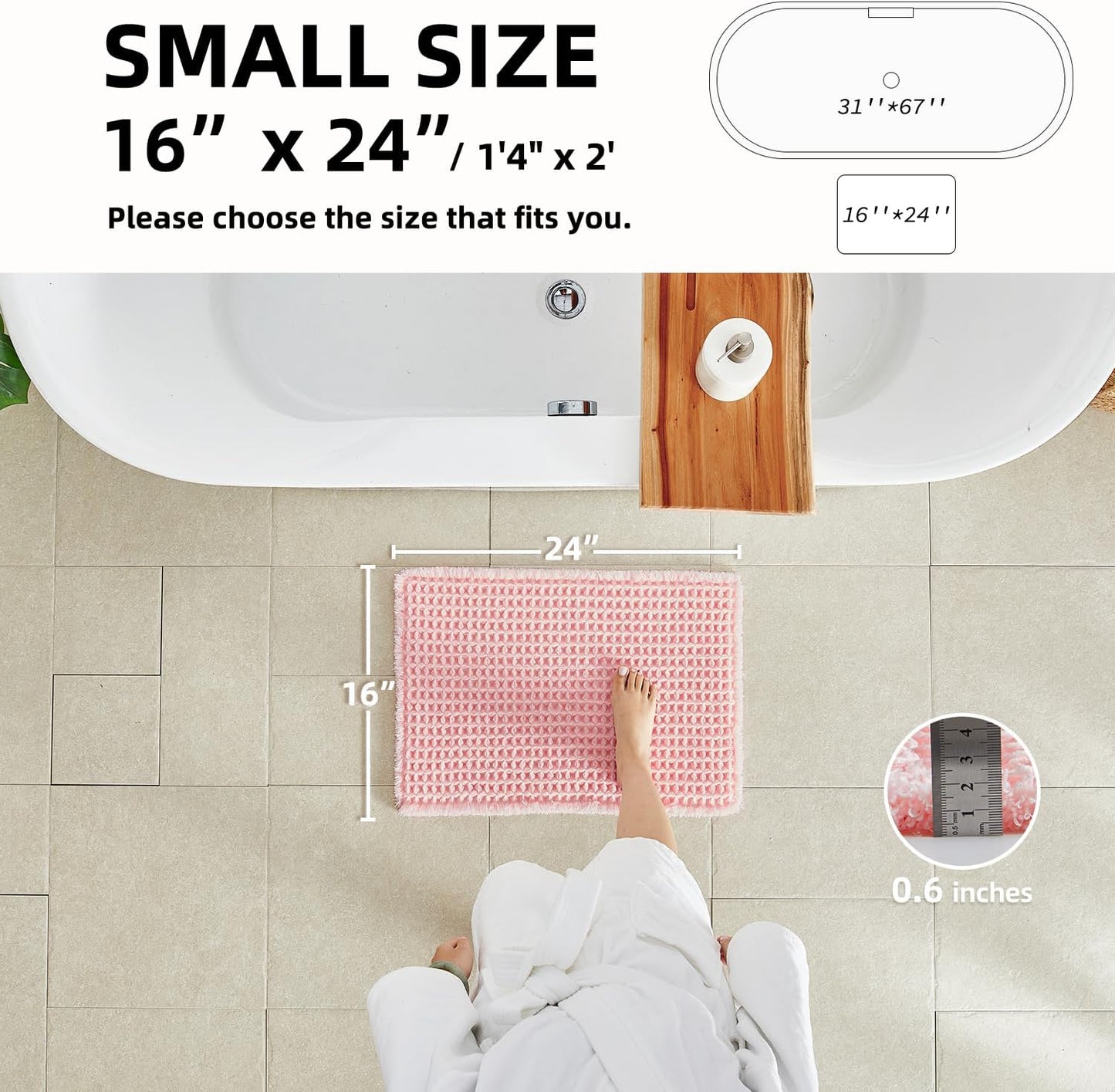 Light Peachy Pink Bathroom Rugs, Waffle Bath Mat Non Slip Washable Quick Dry Cute Bath Mat Boho Farmhouse Bathroom Decor, 24"x16" Light Peachy Pink