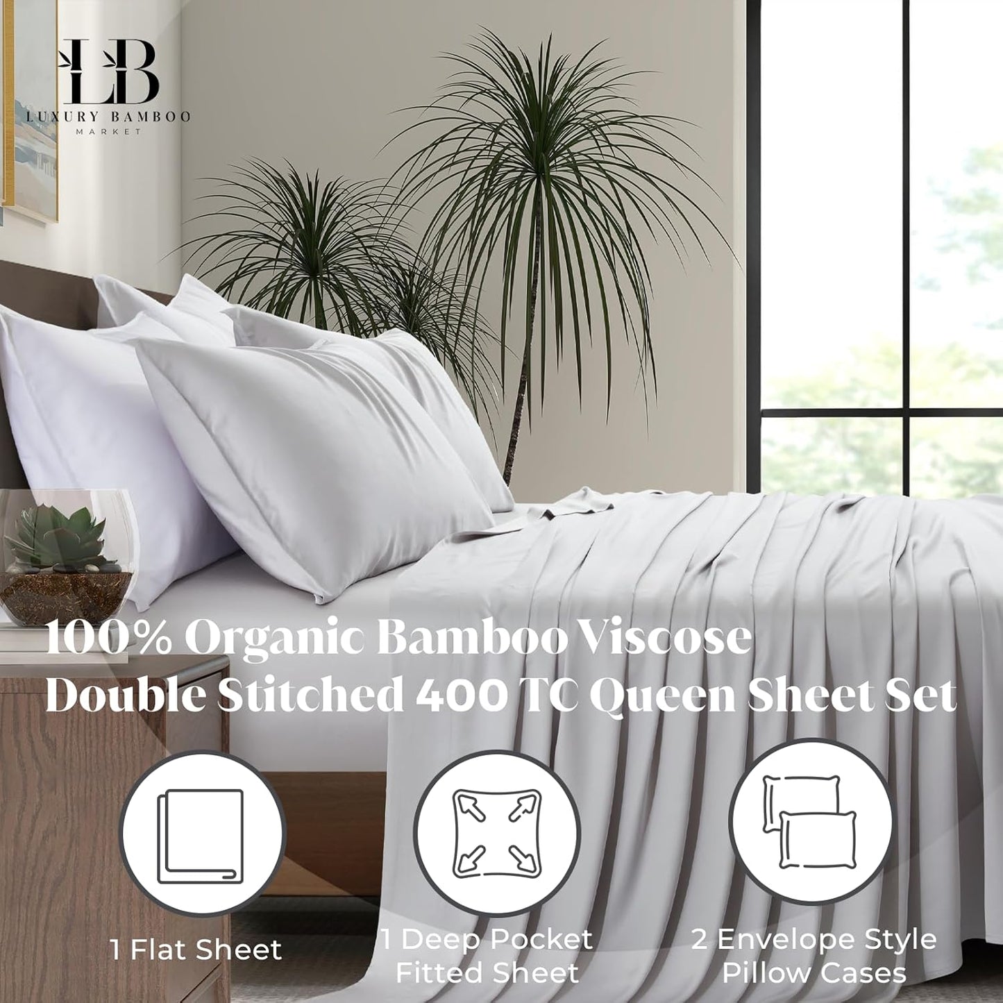 Luxury Bamboo Market | Queen Size Bed Sheet Set | 100% Viscose Made from Bamboo | Organically Grown | Ultra Soft | Cooling Sheets for Hot Sleepers | 17" Deep Pocket [Dove Grey]
