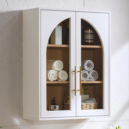 Bathroom Wall Cabinet, 23.5×31.4'' Storage Cabinet, Arched Cabinet Wall Mount with Adjustable Shelf & Glass Doors, Medicine Cabinet for Laundry Room, Bathroom, Kitchen, Living Room, Bedroom, White