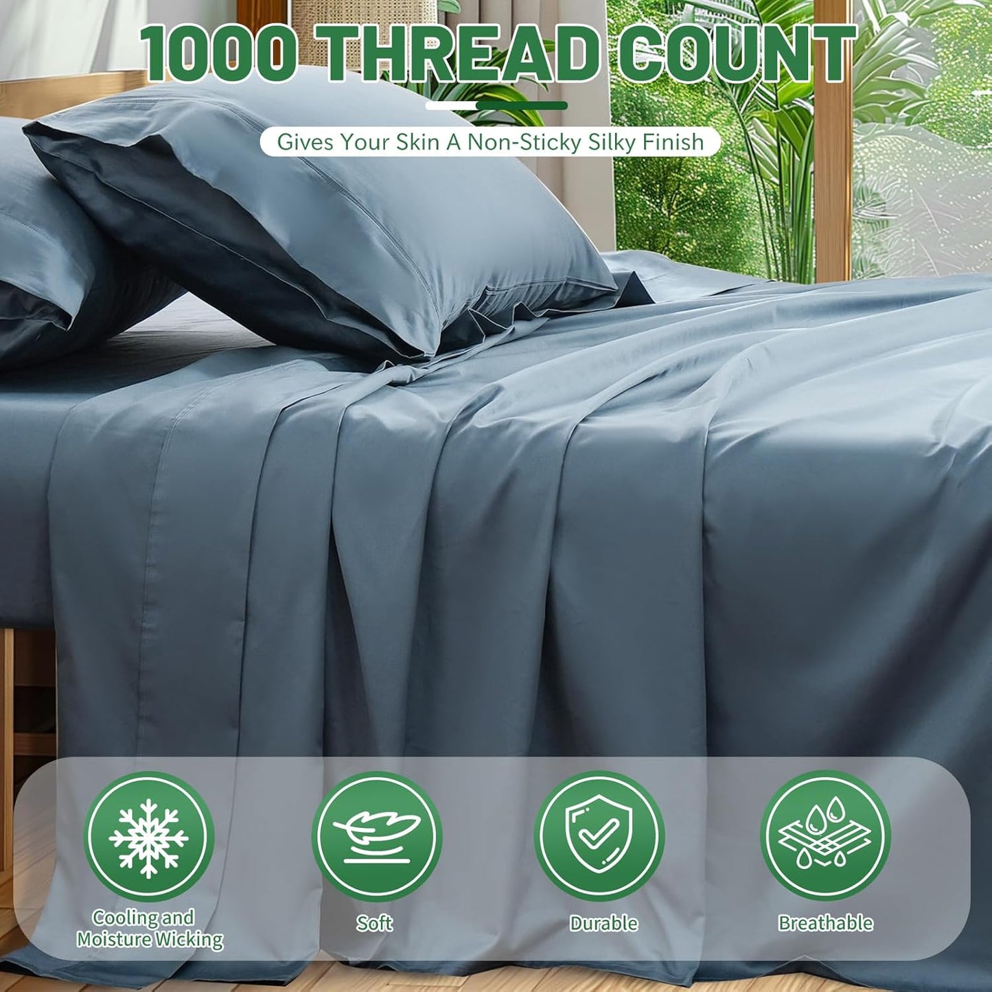1000 Thread Count Egyptian Cotton Sheets Queen Size Set Sateen Weave Soft Breathable 16-Inch Deep Pocket 4PCS（Queen,Dusty Blue）