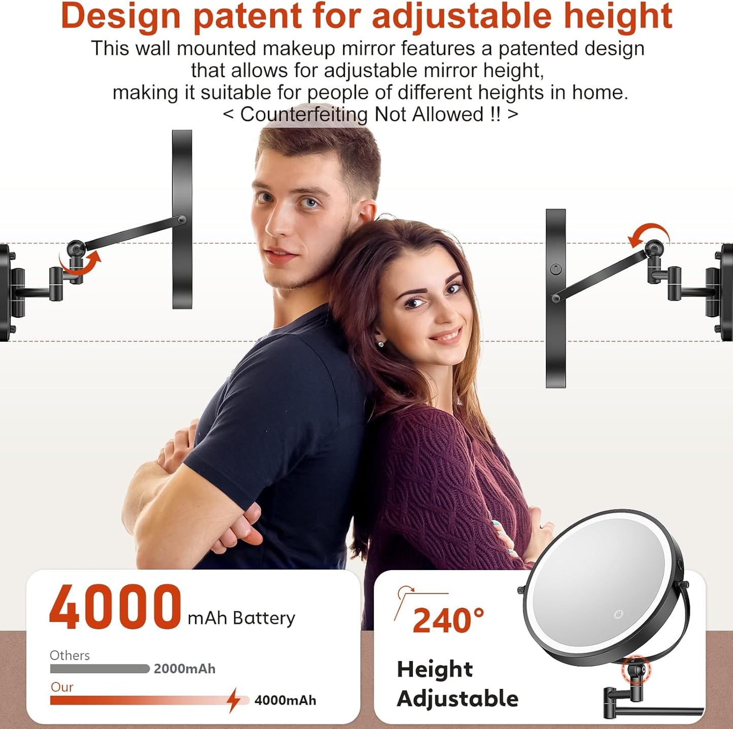 9" Wall Mounted Lighted Makeup Mirror,4000mAh Rechargeable Double Sided 1X/30X Magnifying Mirror with Light,Touch Dimmable,Extended Arm 360 Rotation Wall Mounted Makeup Mirror 3 Color Lights