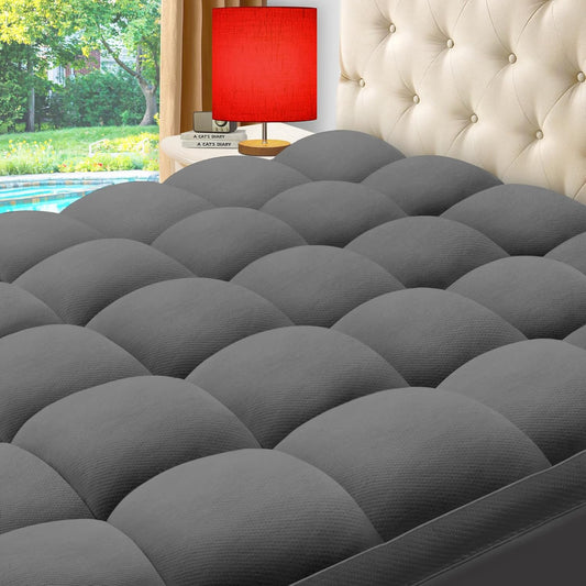 ELEMUSE Twin XL Grey Cooling Bamboo Viscose Mattress Topper for College Dorm, Extra Long Twin Mattress Pad Cover for Back Pain, Soft Pillowtop with Deep Pocket, Overfilled Down Alternative Filling