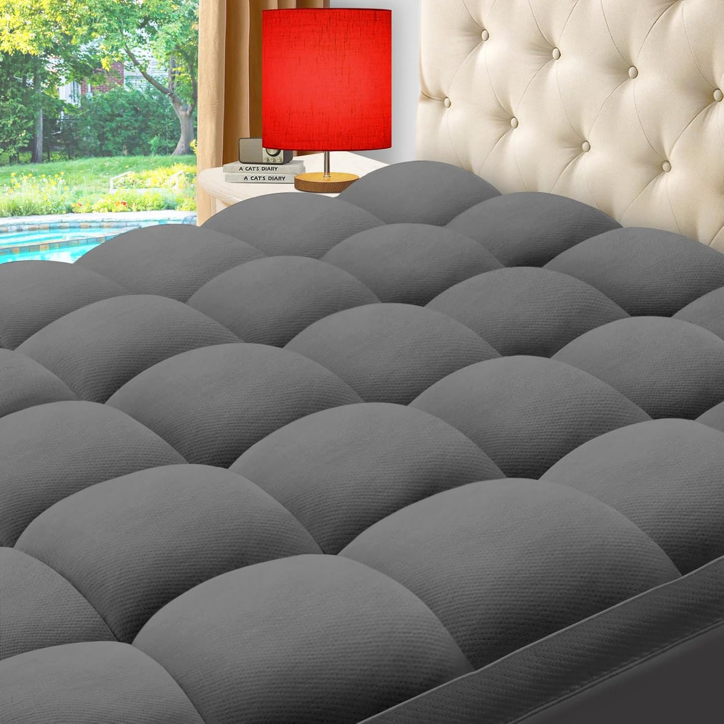 ELEMUSE Queen Grey Cooling Bamboo Viscose Mattress Topper for Back Pain, Extra Thick Mattress Pad Cover, Plush Soft Pillowtop with Elastic Deep Pocket, Overfilled Down Alternative Filling