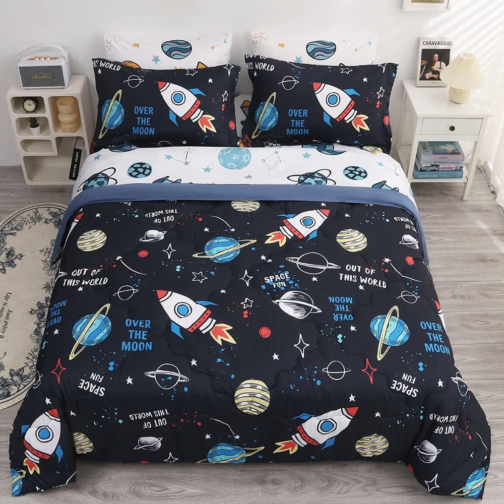 Wajade Kids Space Comforter Set Bed in A Bag Twin Size 7 Piece 3D Space Rocket Planets Bedding Set for Teens Boys Girls (1 Comforter, 1 Flat Sheet, 1 Fitted Sheet, 2 Pillowcase and 2 Pillow Sham)