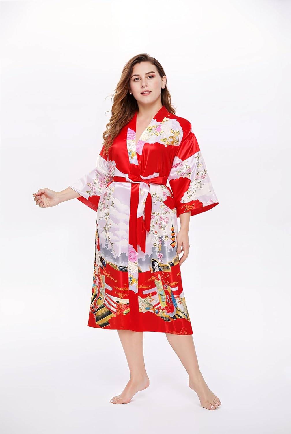 PRODESIGN Kimono Robe for Women - Long Satin Sleepwear Silky Kimono Cover-Up Nightgown Japanese Bathrobe Loungewear Blouse