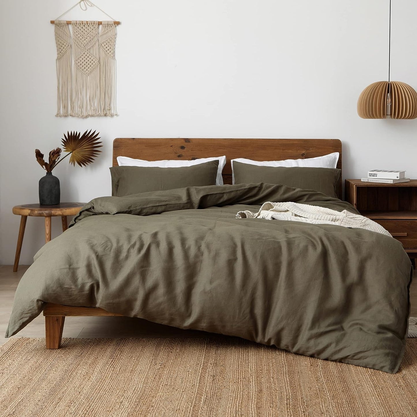 XZ XIFA Olive Green Linen Duvet Cover Oversized King, 100% Washed French Flax Linen Bedding Set with Zipper Closure, Cooling & Textured Bed Sets for Hot Sleepers(1 Duvet Cover, 2 Pillowcases)