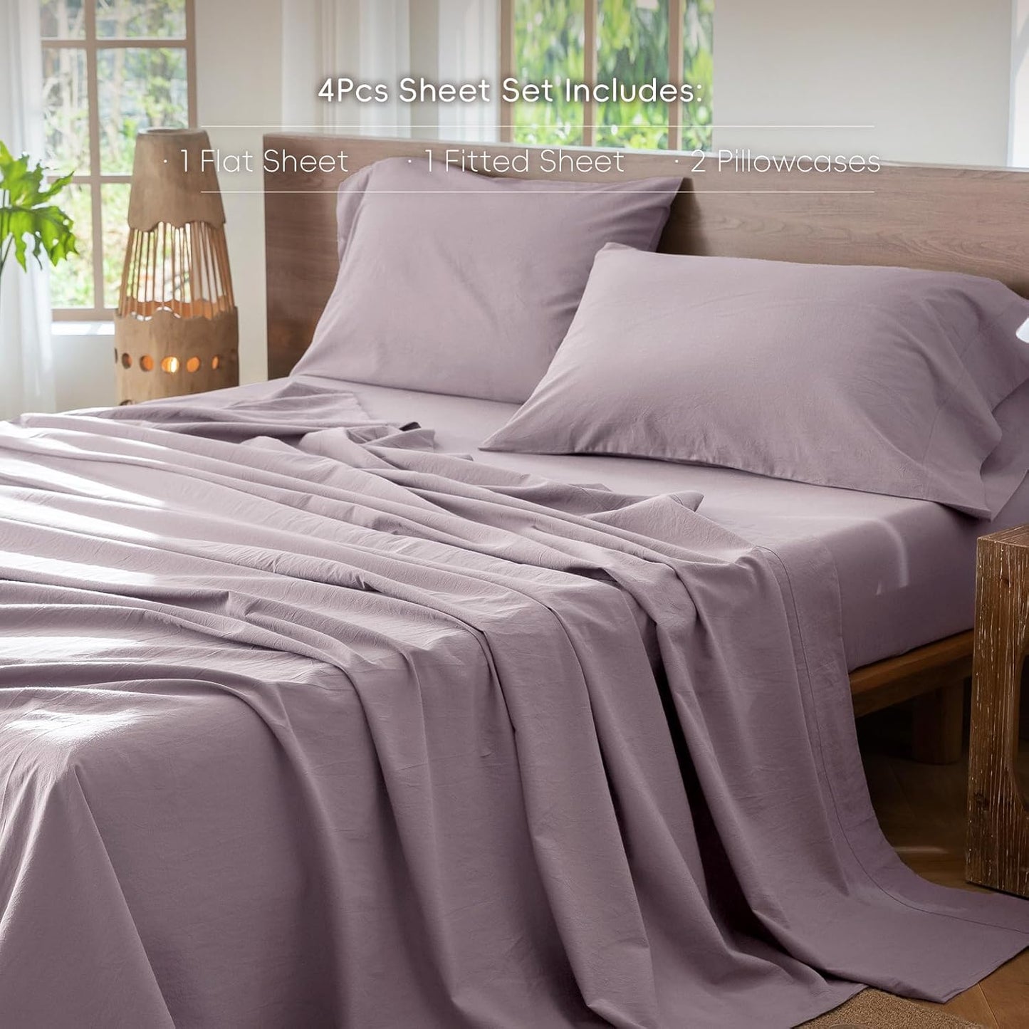 MooMee Bedding Sheet Set 100% Washed Cotton Linen Like Textured Breathable Durable Soft Comfy (Solid Taro Purple, King)