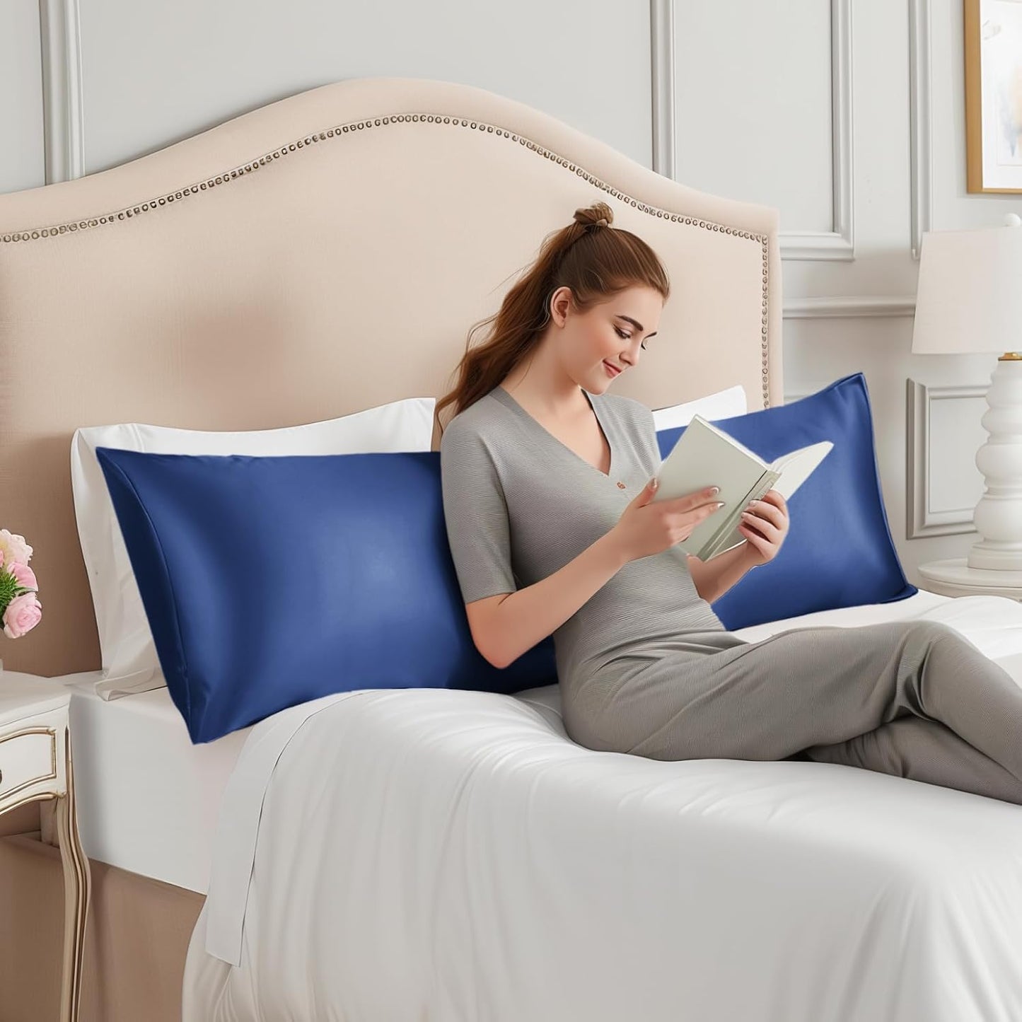 INFIIXSO Body Pillow Cover with Zipper, Luxury Mulberry Silk Body Pillow Case 20x54 Inches, Ultra Smooth and Soft Cooling Long Pillowcase, Gift for Women, Men(Navy)