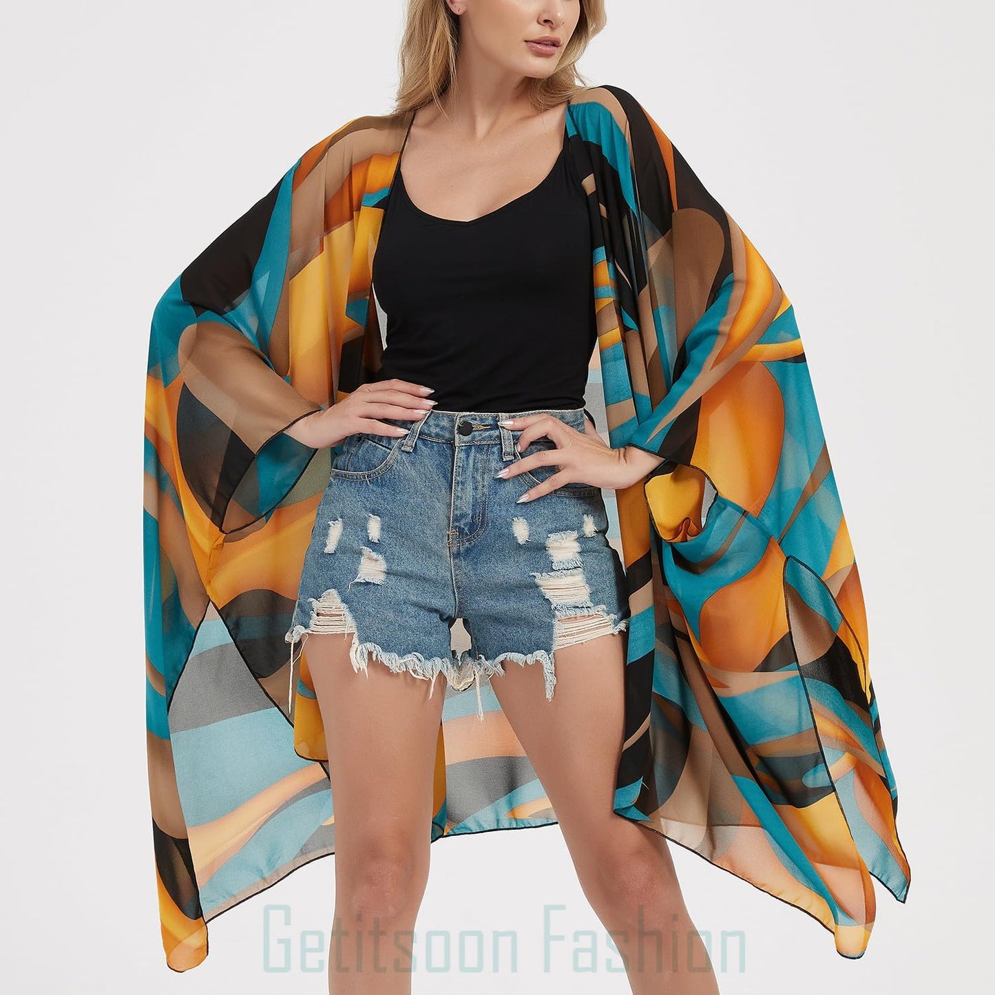 Women's Bohemian Floral Chiffon Beach Cover up Swimsuit Kimono Summer Swimwear Cardigans
