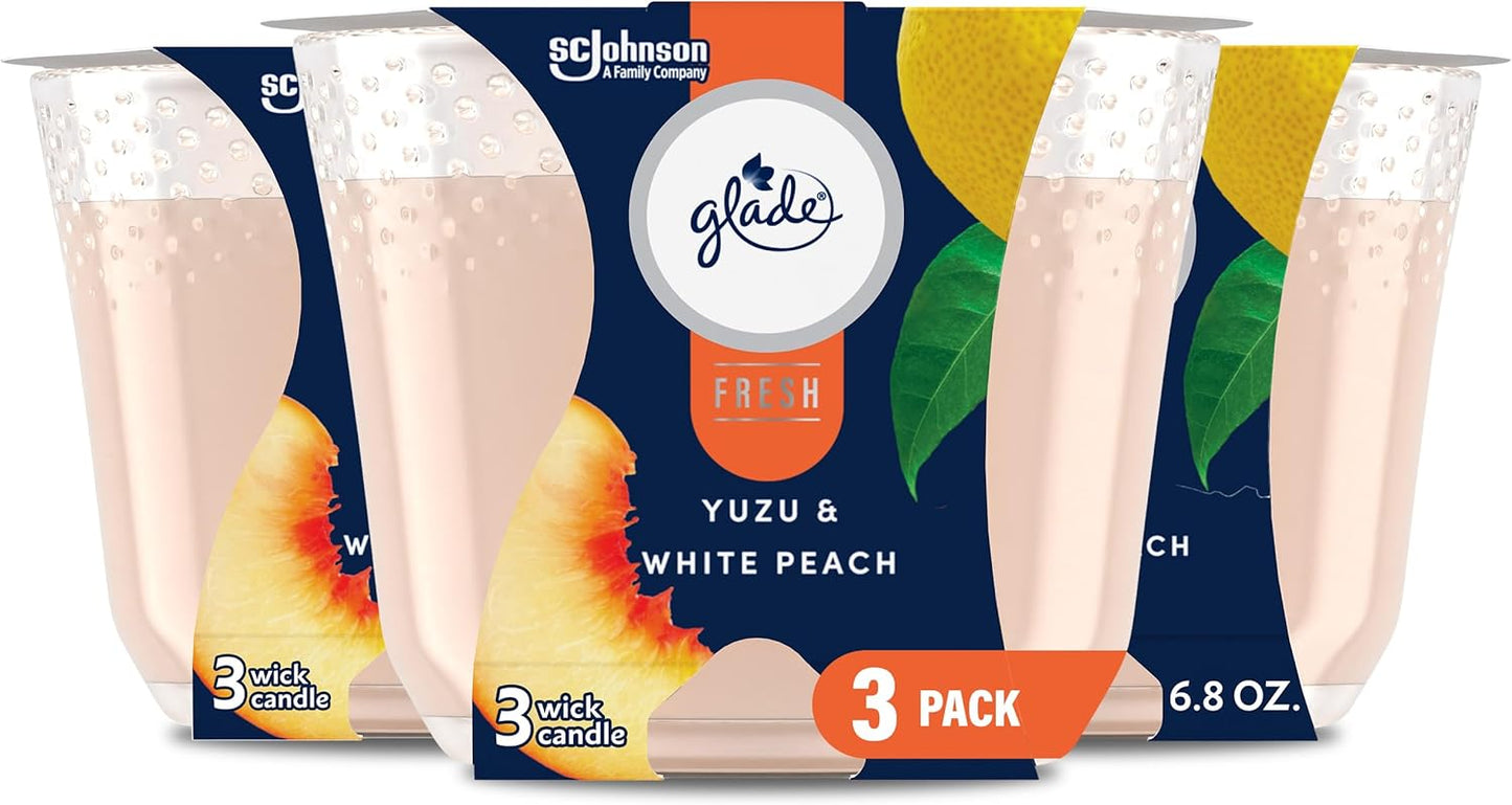 Glade 3-Wick Scented Candle Jar, Yuzu & White Peach, Air Freshener Infused with Essential Oils, 6.8 Oz, 3 Count