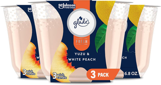 Glade 3-Wick Scented Candle Jar, Yuzu & White Peach, Air Freshener Infused with Essential Oils, 6.8 Oz, 3 Count