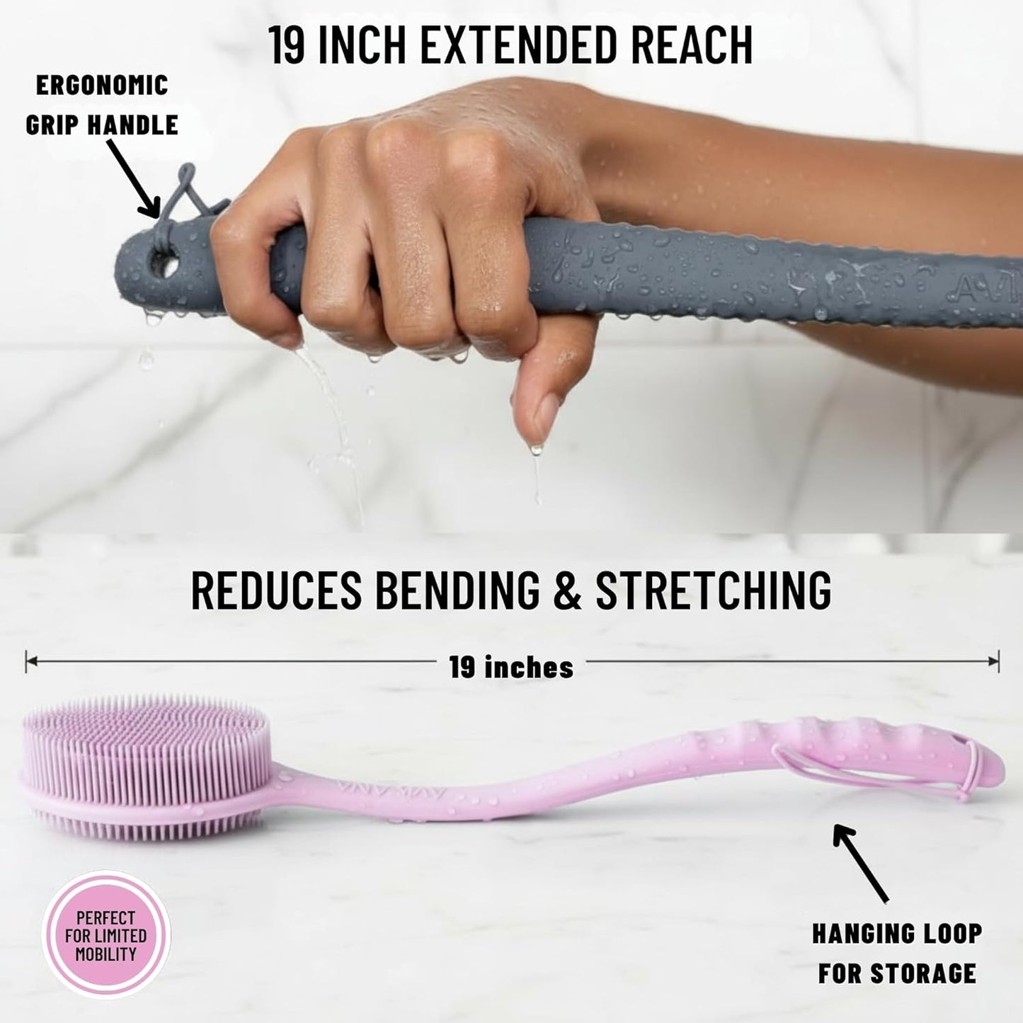 Long Handle Back Scrubber for Shower - 19 inch Extended Reach Silicone Body Brush - Avilana Bath Scrubber Extended Reach Tool - Easy Grip Body Wash Brush Gift