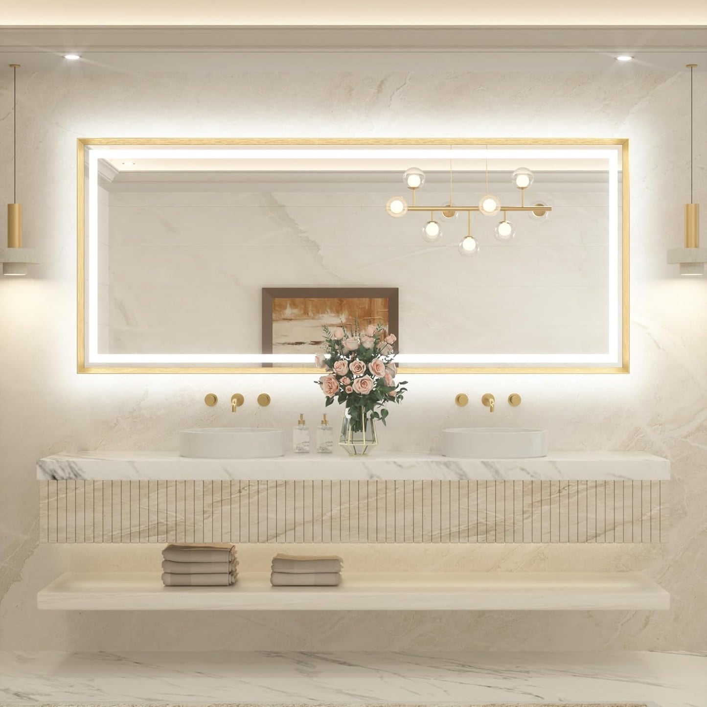 TETOTE 84 x 36 Bathroom LED Mirror Brushed Gold Metal Frame Frontlit & Backlit Vanity Mirror Anti-Fog Stepless Dimmable 3 Colors White/Warm/Natural Wall-Mounted
